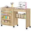 Sewing Machine Table on Wheels, Folding Craft Table with 2 Bins, Storage Shelf, 18 Pegs, Lockable Wheels, Natural
