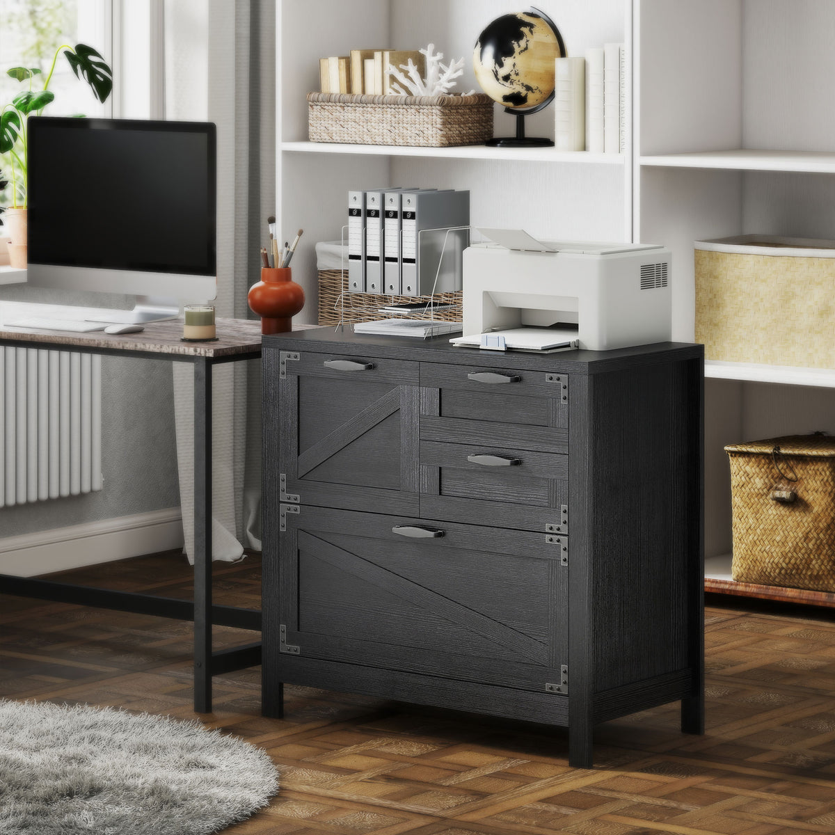 Lateral Filing Cabinet, Farmhouse File Cabinet with 4 Drawers, Fit Letter/A4/Legal Hanging Files, Black Wood Grain