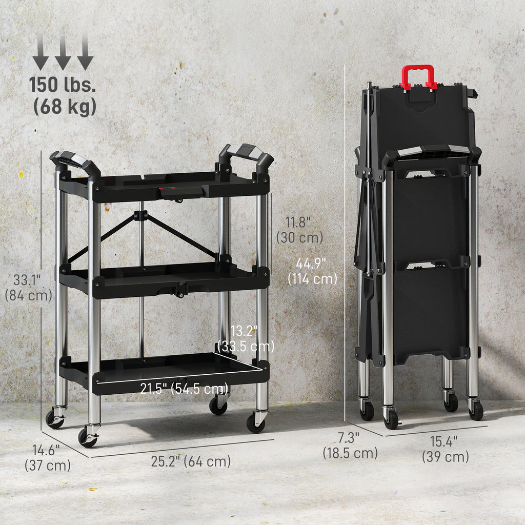 3-Tier Collapsible Tool Cart with Wheels, 150 LBS Capacity Folding Utility Cart with Handles for Garage Workshop, Black