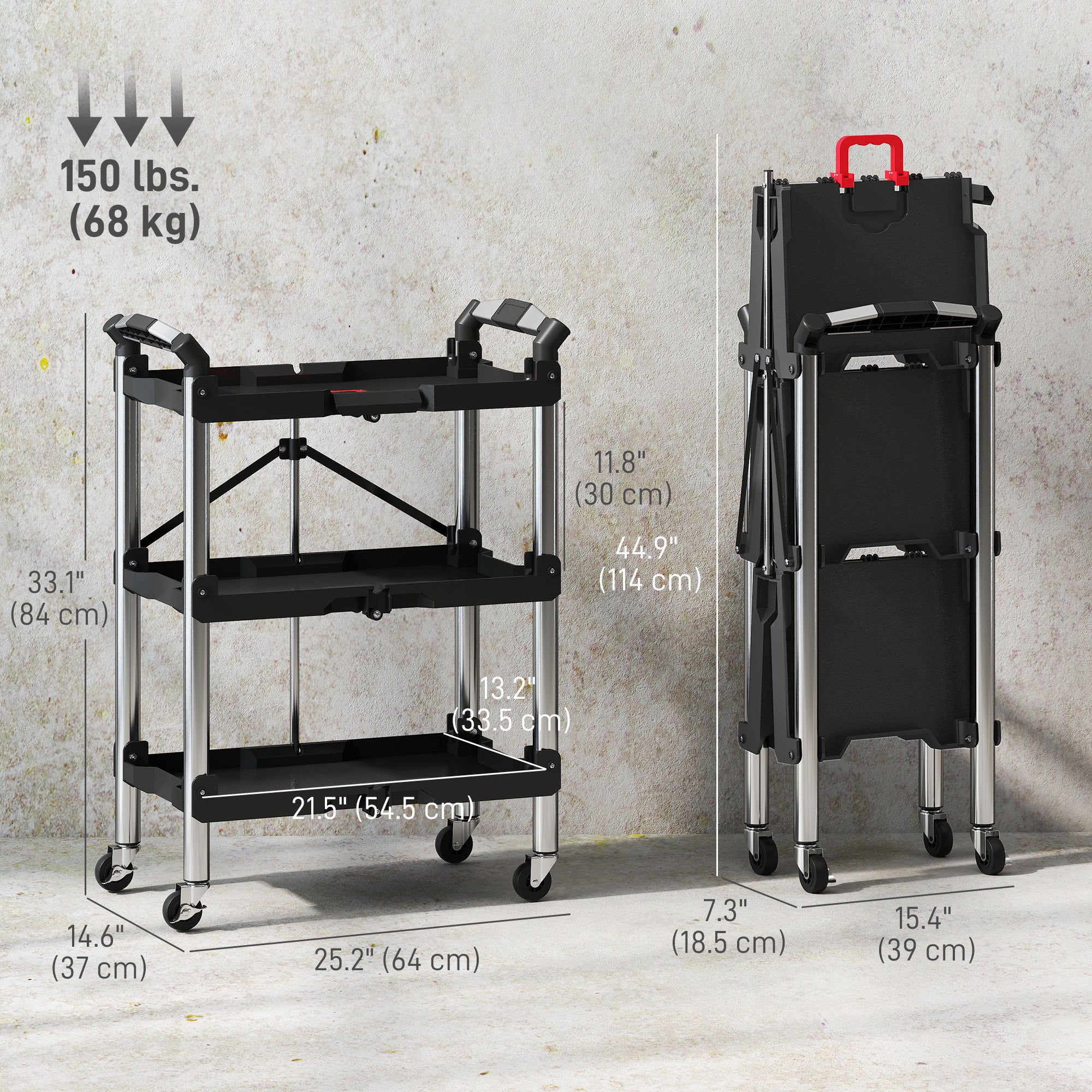 3-Tier Collapsible Tool Cart with Wheels, 150 LBS Capacity Folding Utility Cart with Handles for Garage Workshop, Black
