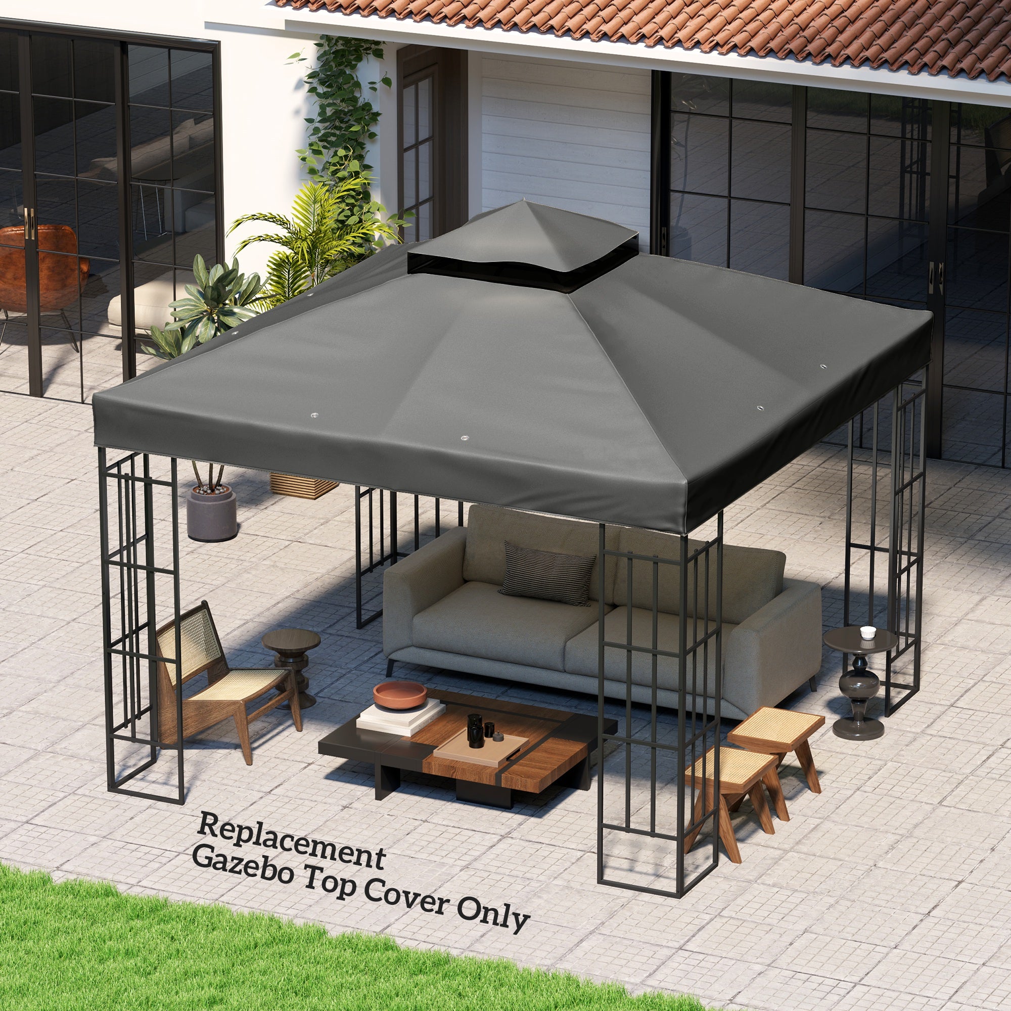10' x 10' Gazebo Canopy Replacement Cover, 2-Tier Garden Gazebo Roof Replacement, UPF30+, TOP COVER ONLY, Dark Grey