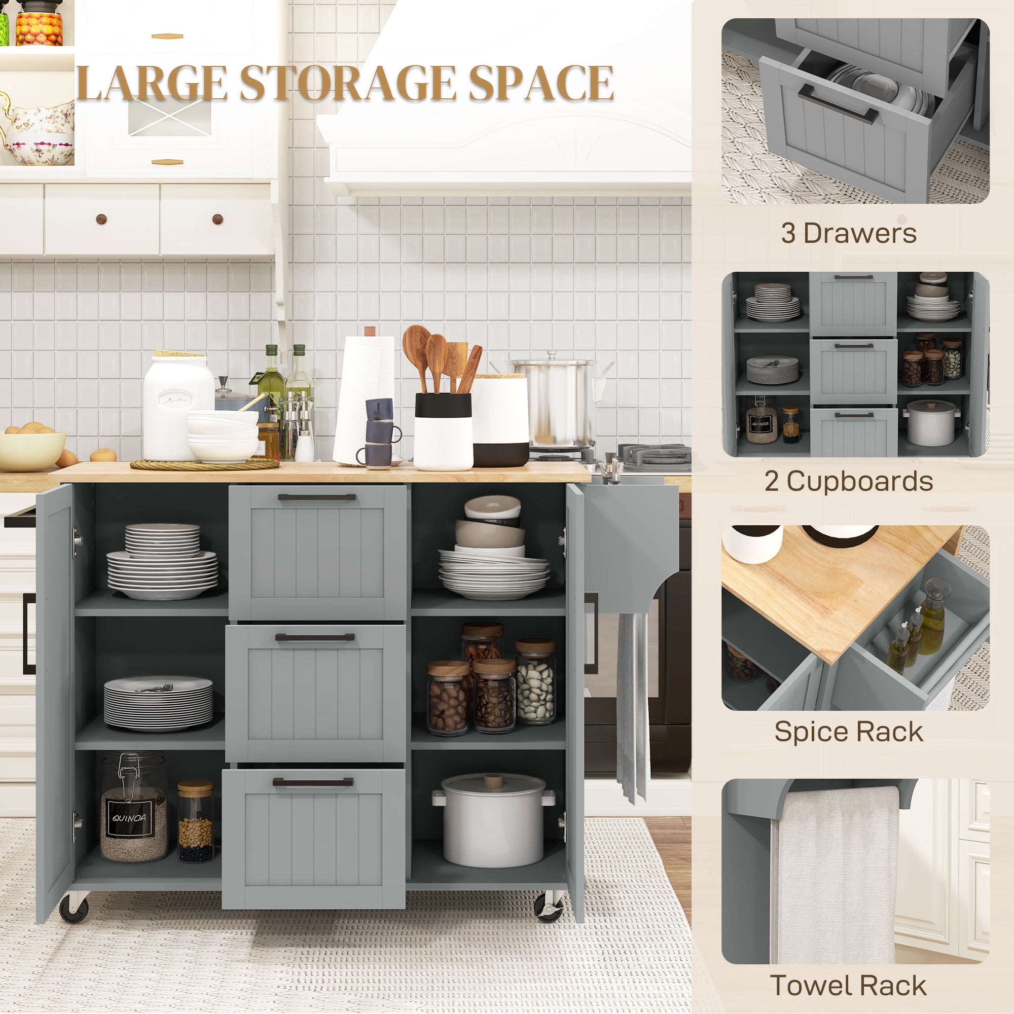 Rolling Kitchen Cart on Wheels with Drop Leaf, Kitchen Island with 3 Drawers, Solid Wood Top and Towel Rack, White