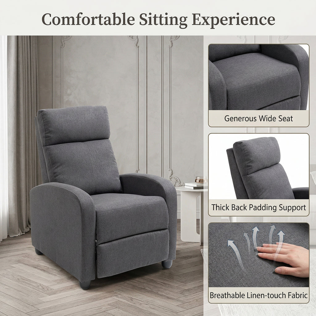 Fabric Recliner Sofa Manual Recliner, Home Theater Seating Single Reclining Sofa Chair with Padded Seat for Living Room, Dark Grey