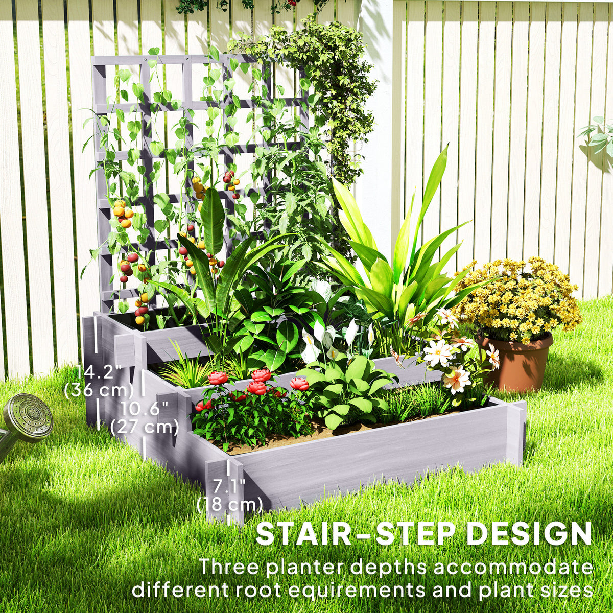 Wooden Elevated Planter Box with Trellis for Climbing Plants, 3 Tier Raised Garden Bed for Garden, Outdoor, Brown