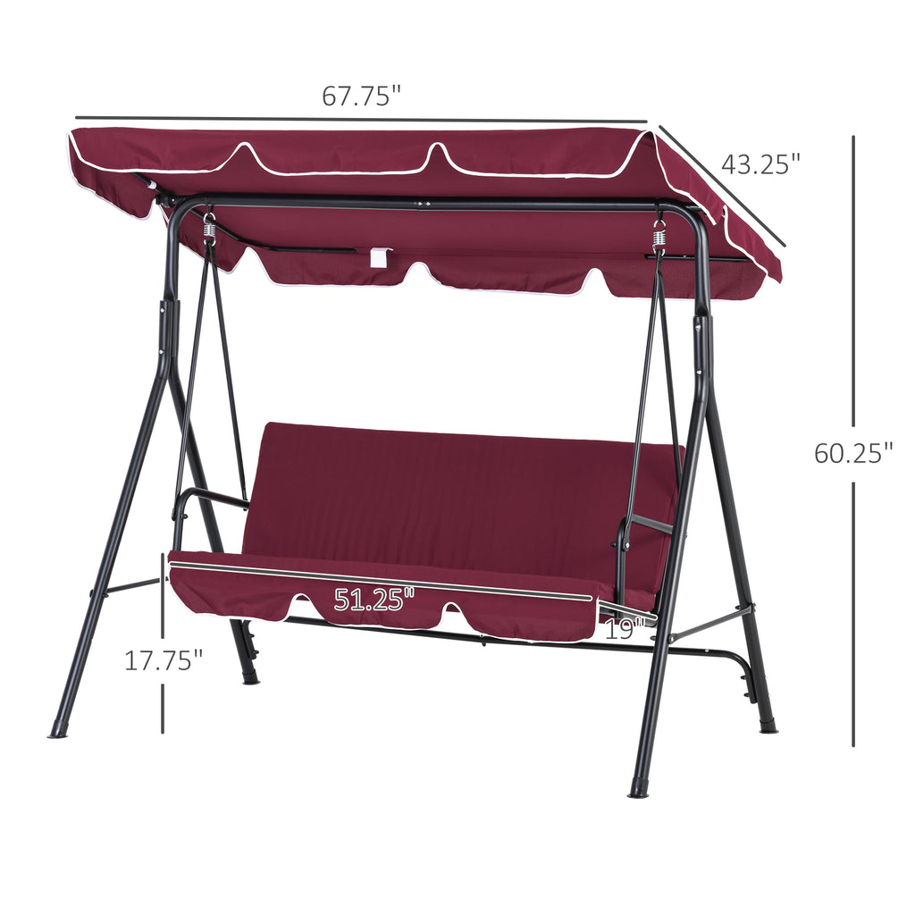 3-Seater Outdoor Porch Swing with Adjustable Canopy, Patio Swing Chair for Garden, Poolside, Backyard, Wine Red