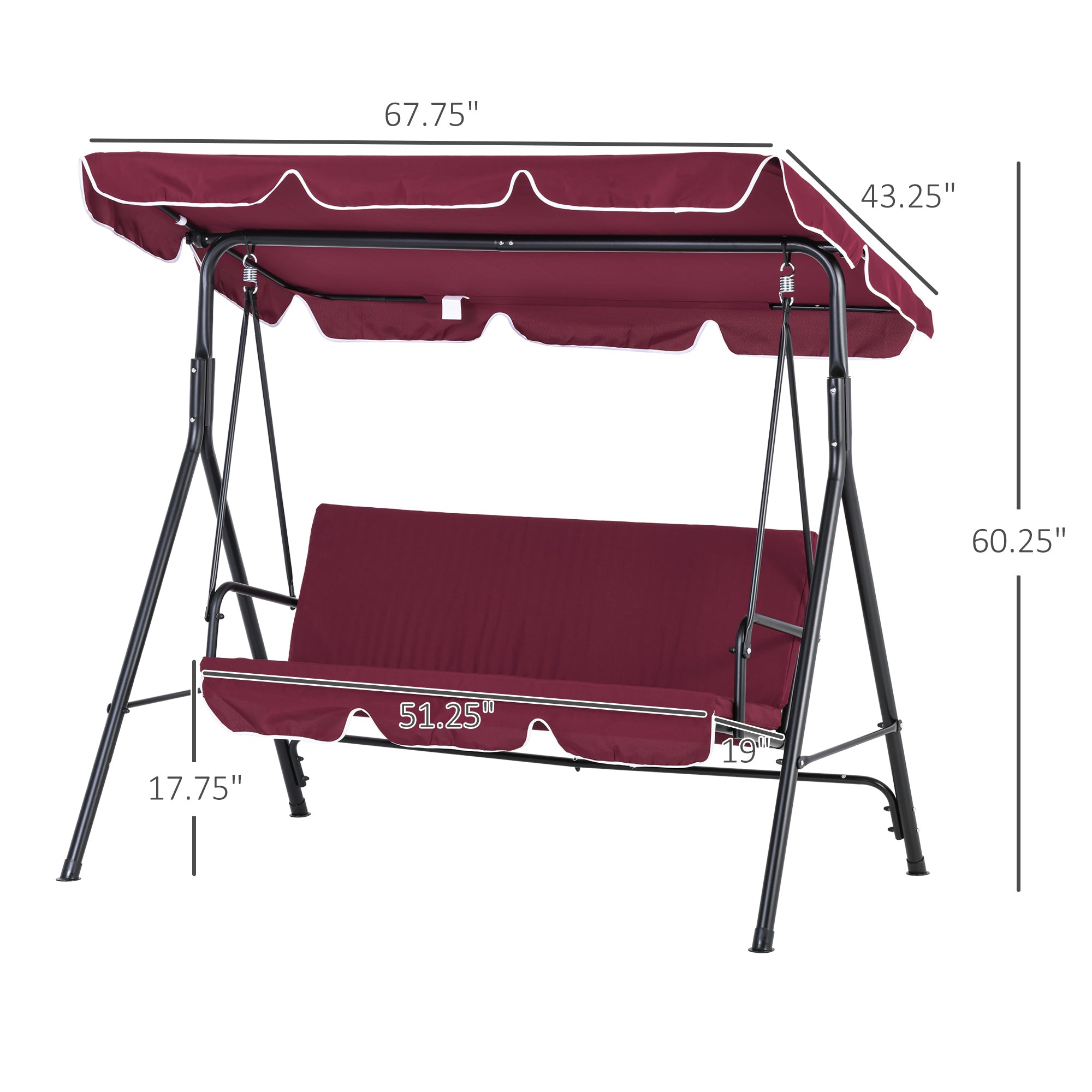 3-Seater Outdoor Porch Swing with Adjustable Canopy, Patio Swing Chair for Garden, Poolside, Backyard, Wine Red