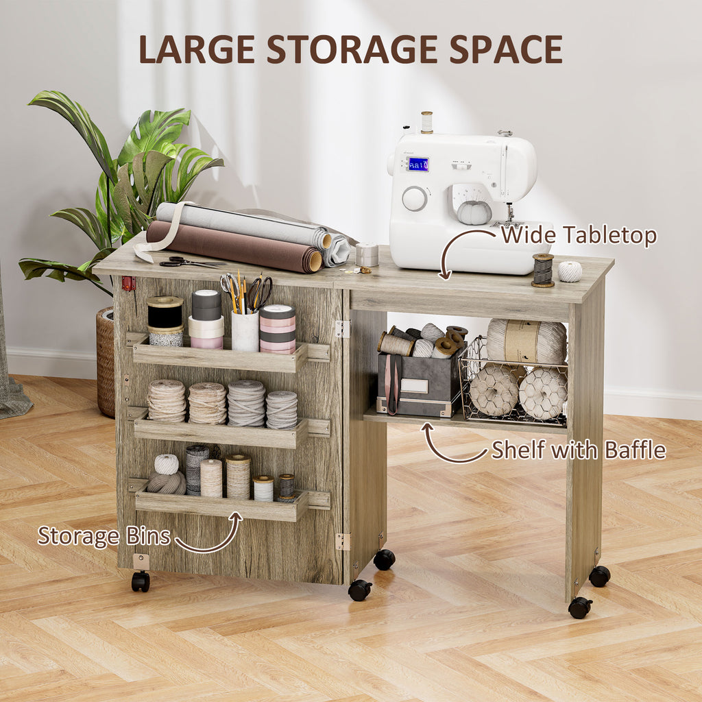 Sewing Machine Cabinet, Folding Sewing Table with Storage Shelf, Bins and Lockable Wheels for Small Space, White