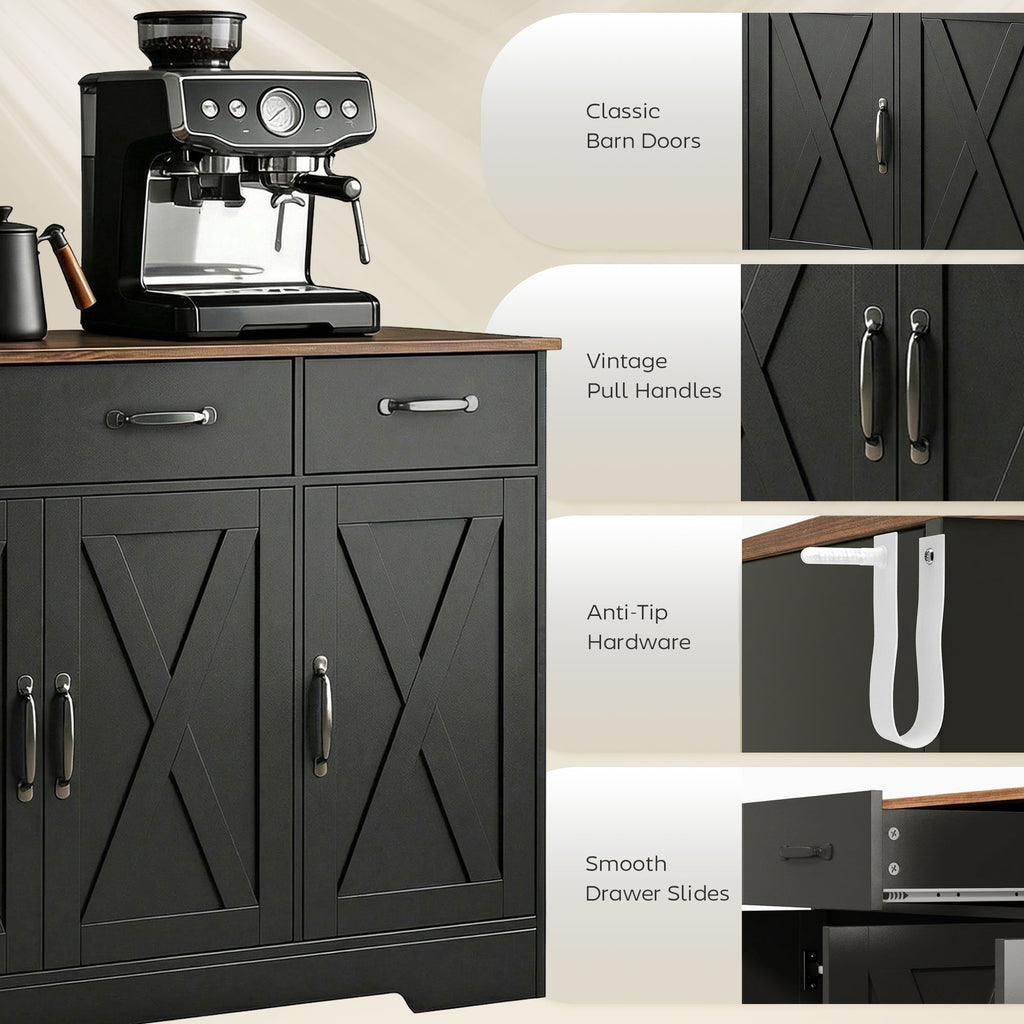 Sideboard Buffet Cabinet, 55" Farmhouse Kitchen Cabinet with 4 Barn Doors, 3 Drawers, 3 Adjustable Shelves, White