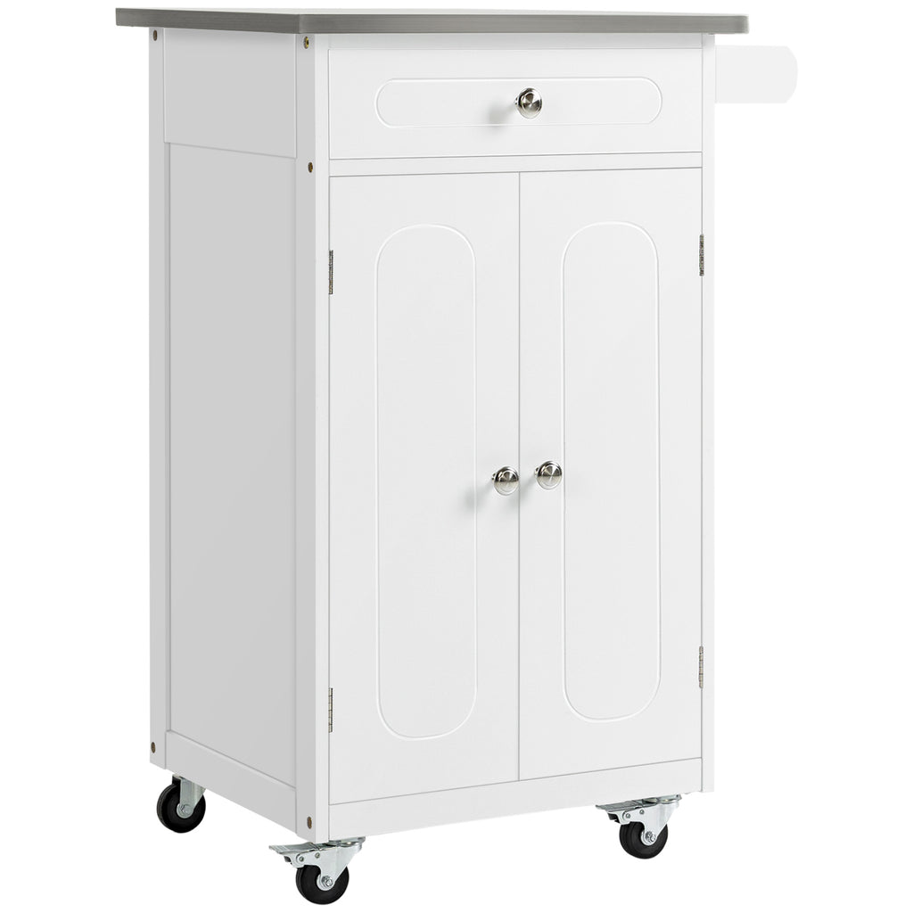 Kitchen Cart, Small Kitchen Island, Stainless Steel Top Utility Trolley on Wheels with Storage Drawer for Dining Room, Kitchen (White)
