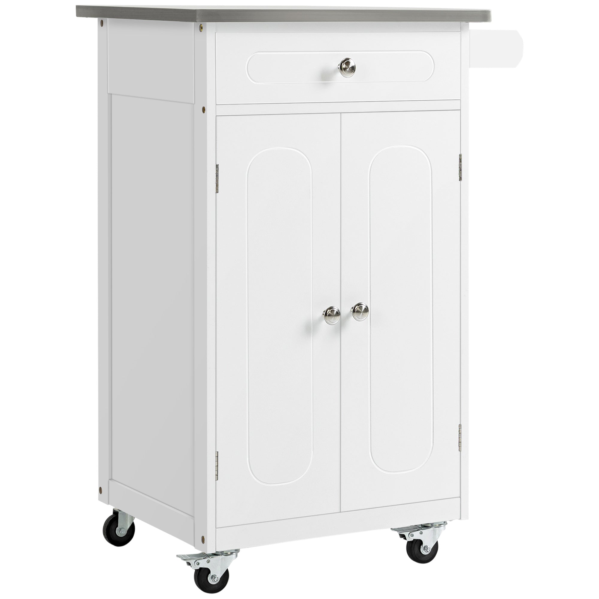Kitchen Cart, Small Kitchen Island, Stainless Steel Top Utility Trolley on Wheels with Storage Drawer for Dining Room, Kitchen (White)