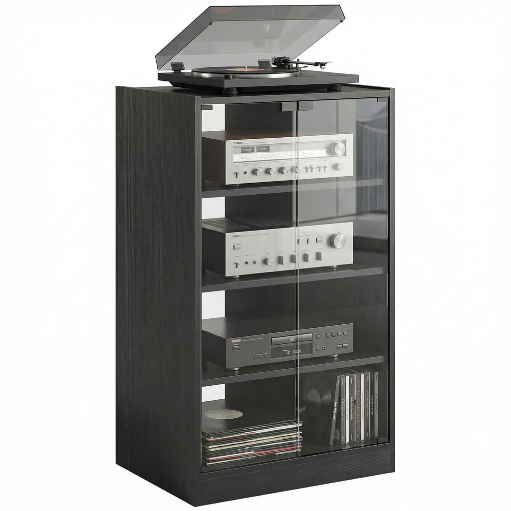5-Tier AV Media Stand with Push to Open Glass Doors, Audio-Video Storage Cabinet with Adjustable Shelves for DVD Players, Games Consoles, Routers, Distressed Black