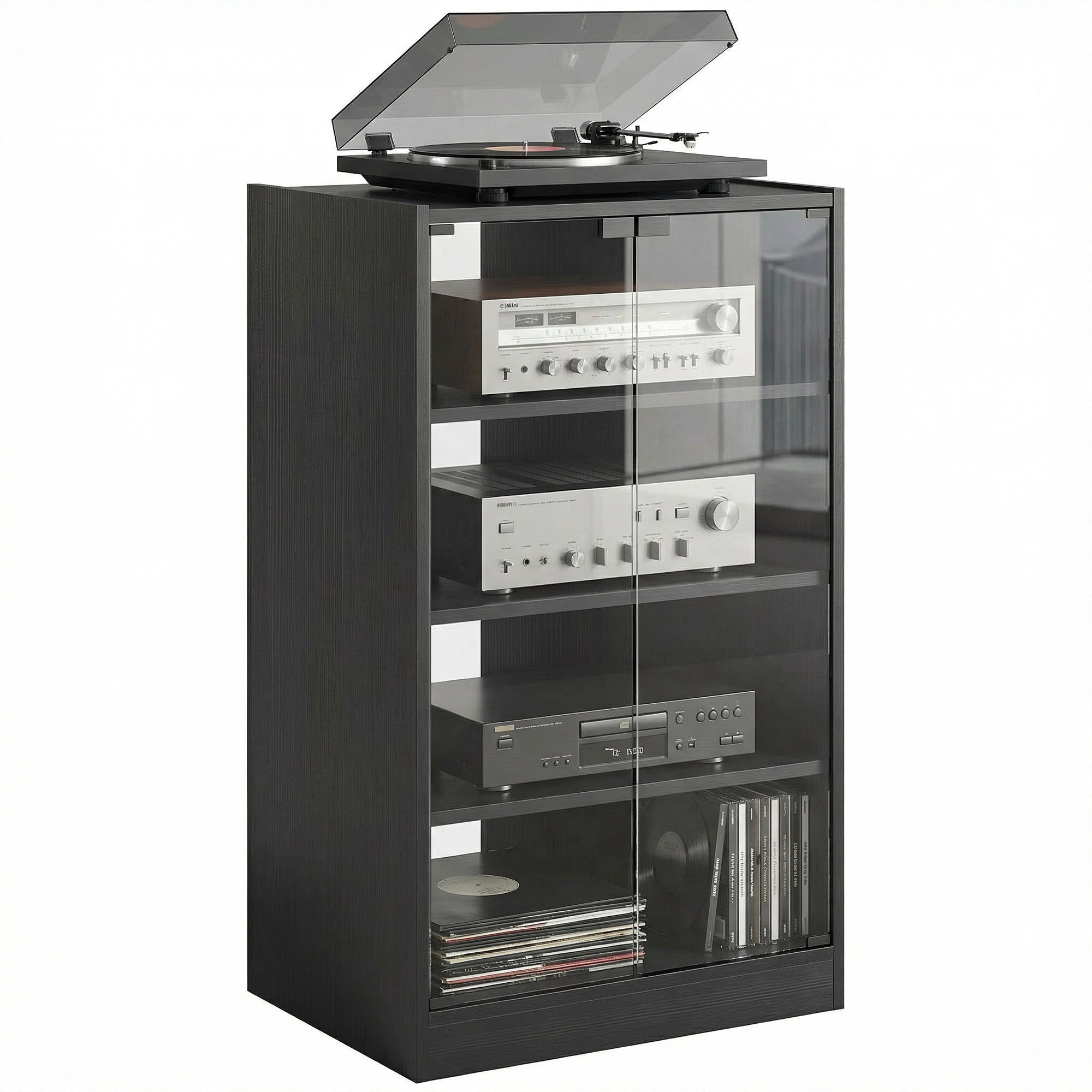 5-Tier AV Media Stand with Push to Open Glass Doors, Audio-Video Storage Cabinet with Adjustable Shelves for DVD Players, Games Consoles, Routers, Distressed Black