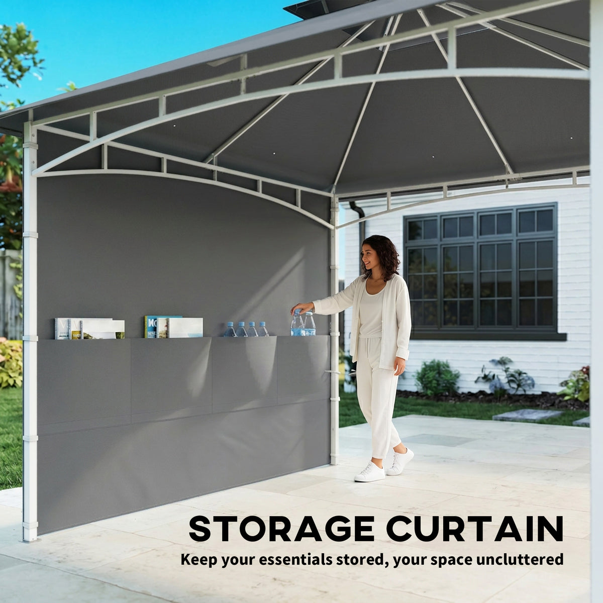 10' x 10' Patio Gazebo, Double Roof Outdoor Gazebo Canopy Shelter with Storage, Hook, Metal Frame, Dark Grey