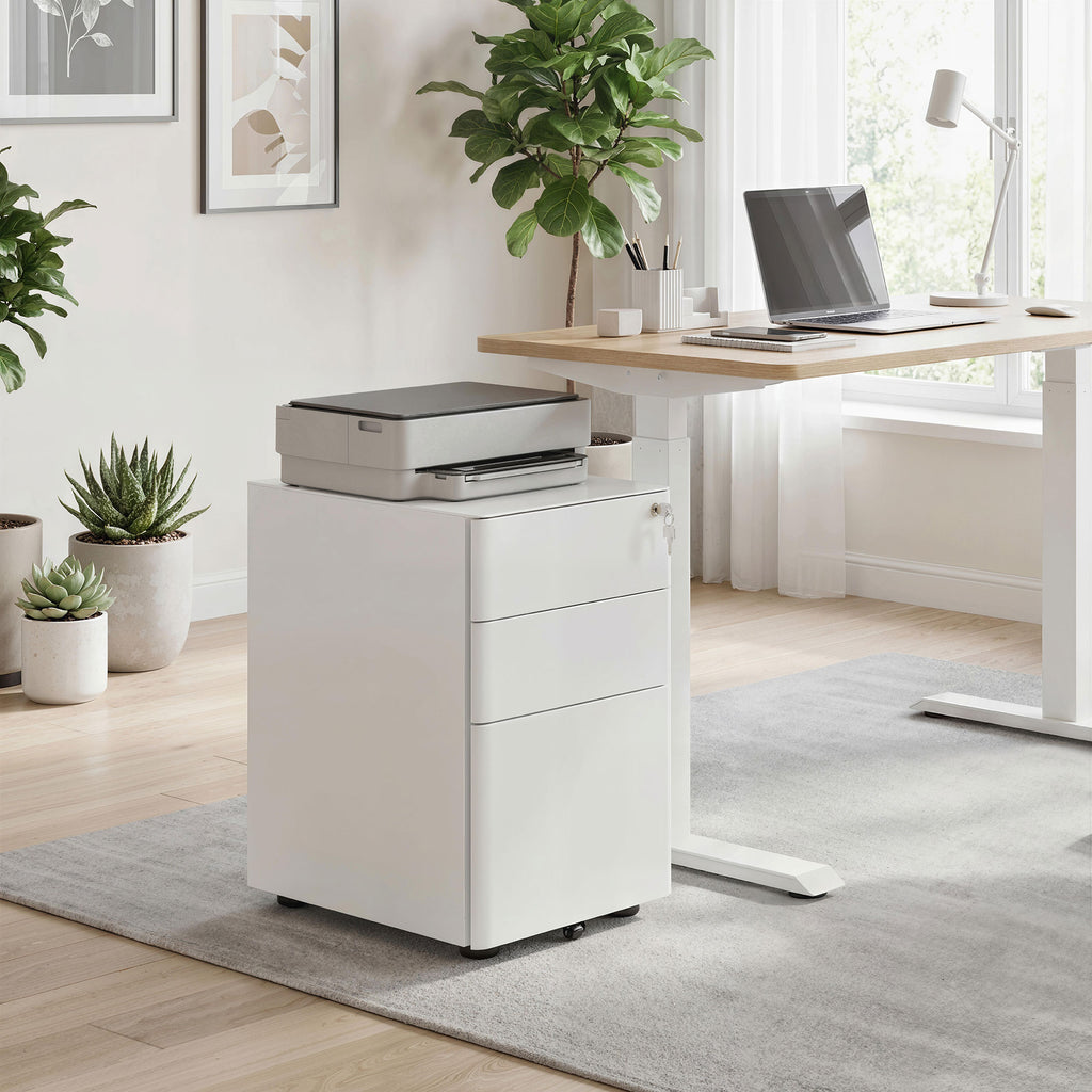 3 Drawer Filing Cabinet, Steel Home Office Storage Cabinet with Wheels, Lock for A4, Letters, Legal-sized Files, White