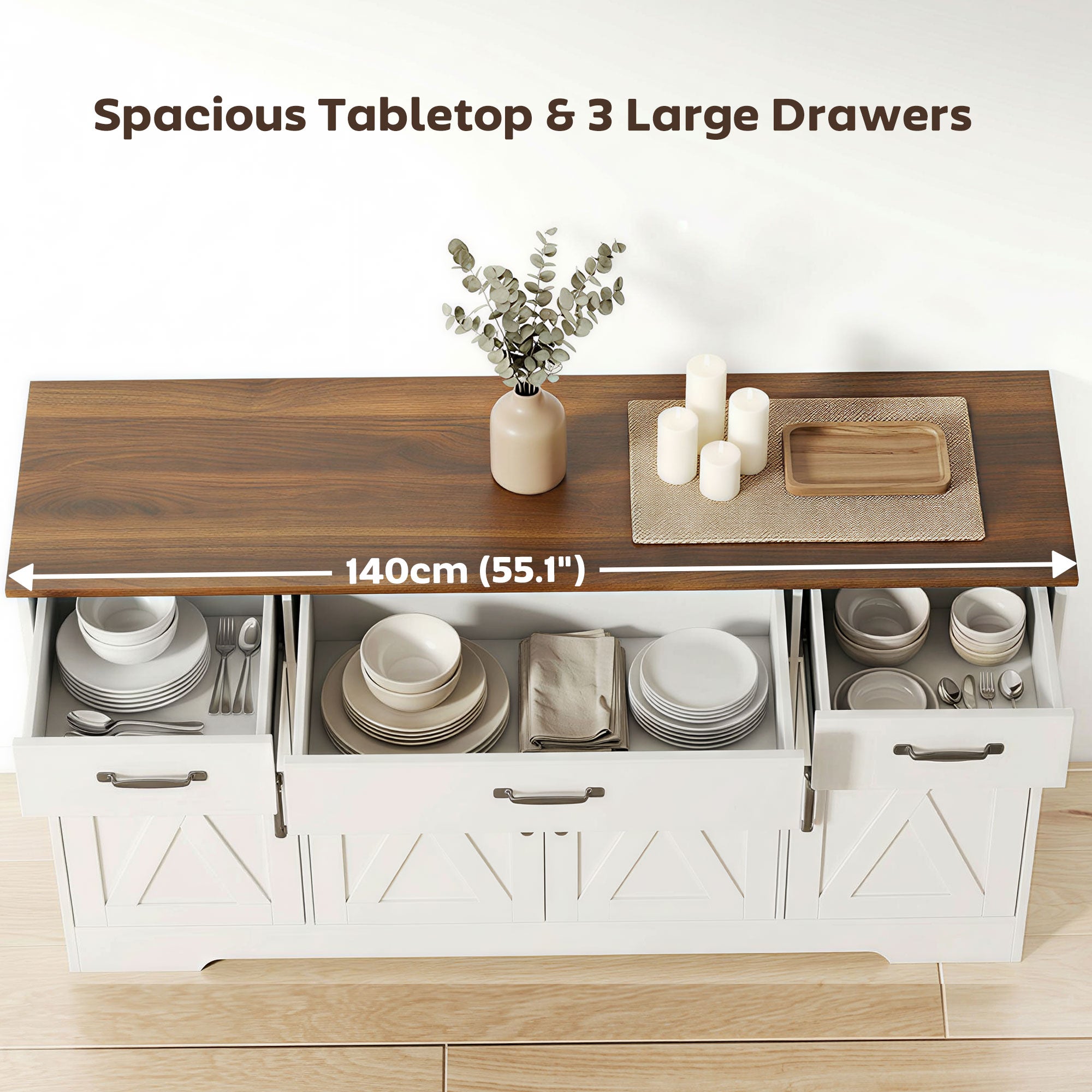 Sideboard Buffet Cabinet, 55" Farmhouse Kitchen Cabinet with 4 Barn Doors, 3 Drawers, 3 Adjustable Shelves, White