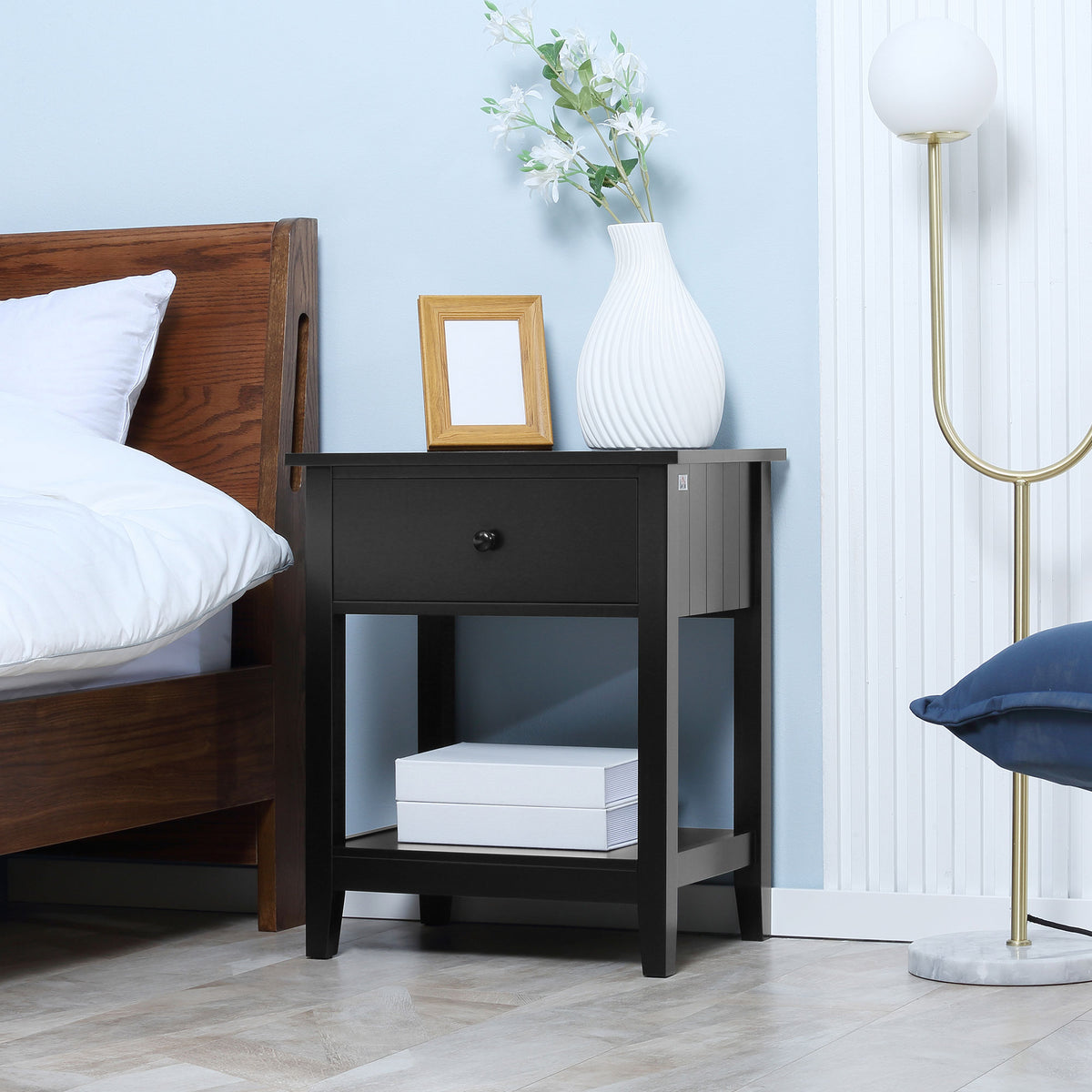 Modern Style Nightstand, Small End Table with Drawer and Storage Shelf for Bedroom, Living Room, White