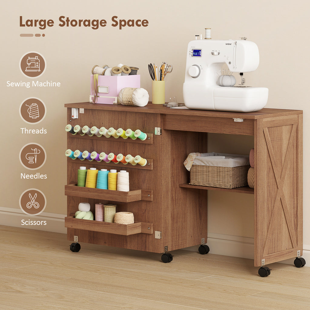 Sewing Machine Table on Wheels, Folding Craft Table with 2 Bins, Storage Shelf, 18 Pegs, Lockable Wheels, Brown