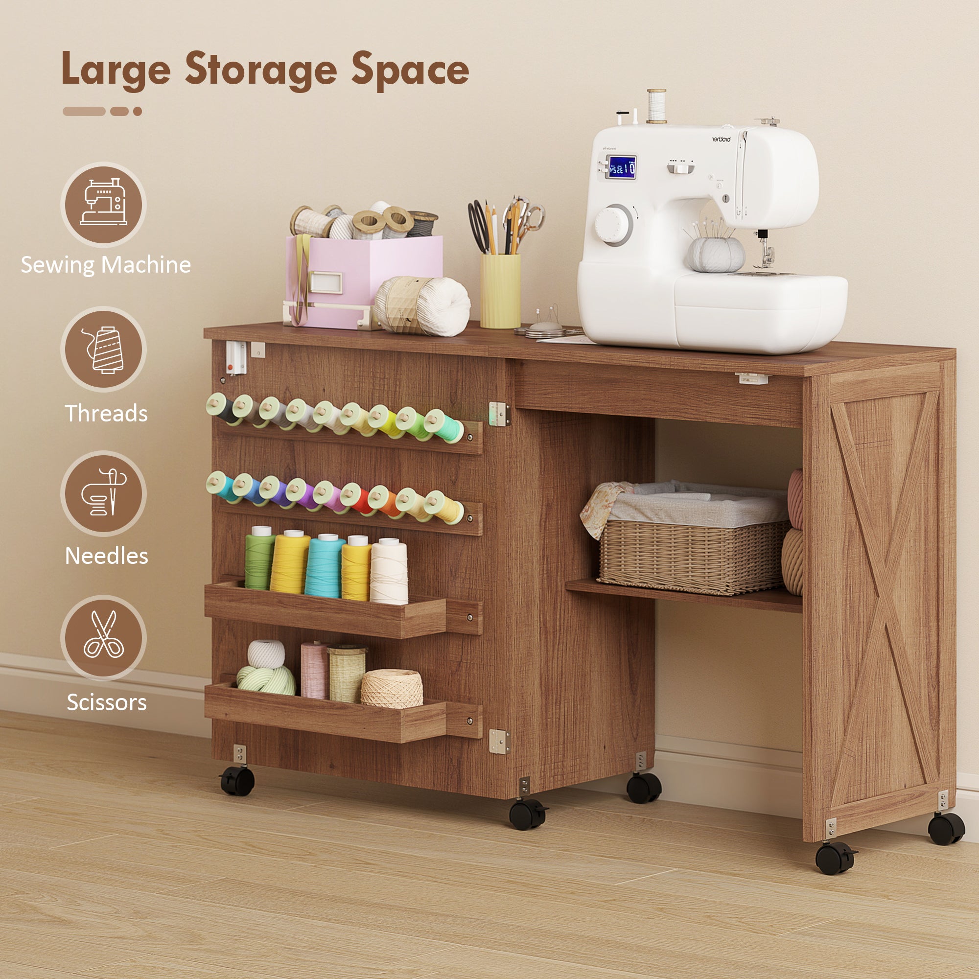 Sewing Machine Table on Wheels, Folding Craft Table with 2 Bins, Storage Shelf, 18 Pegs, Lockable Wheels, Brown
