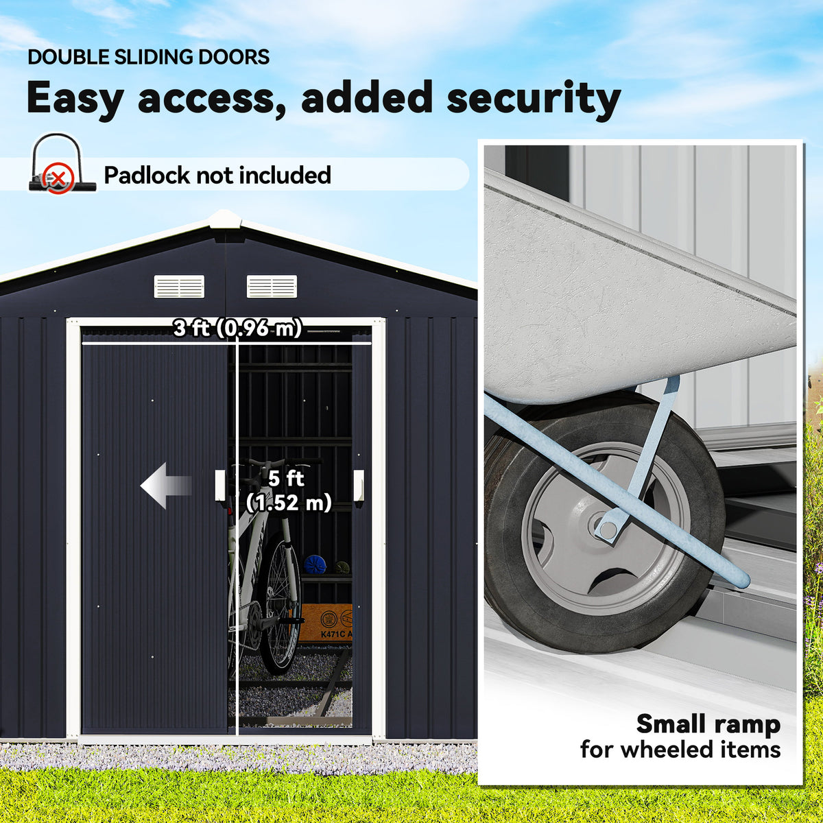 11' x 9' Metal Storage Shed Garden Tool House with Double Sliding Doors, 4 Air Vents for Backyard, Patio, Lawn Dark Grey