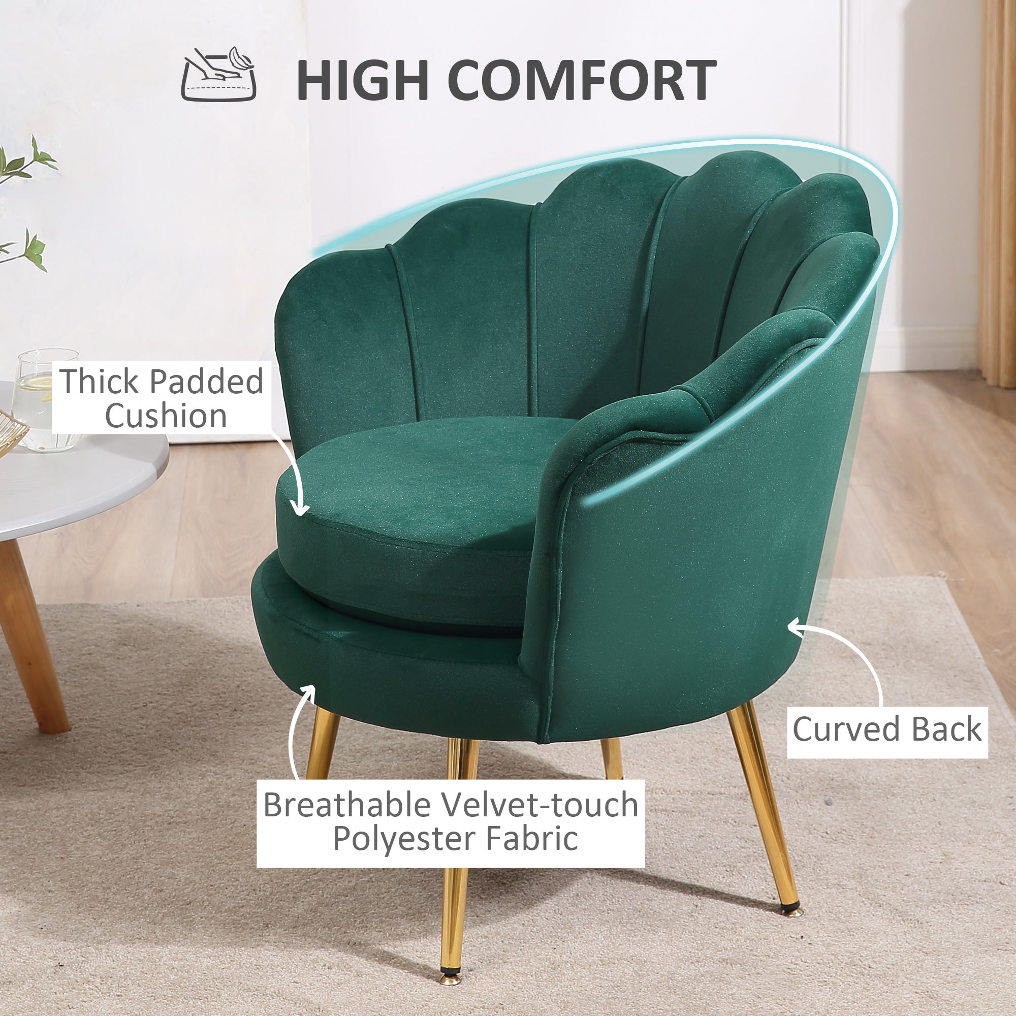 Modern Accent Chair, Velvet-Touch Fabric Leisure Club Chair with Gold Metal Legs for Bedroom, Dark Green
