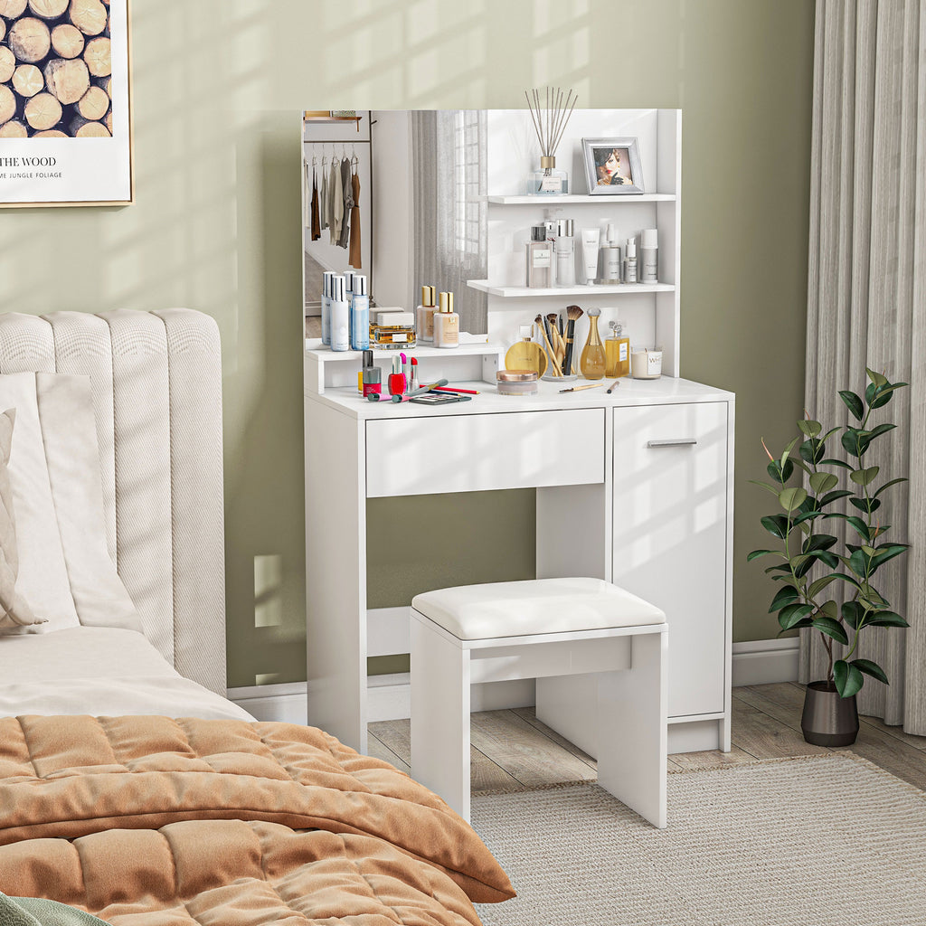 Vanity Set with Mirror and Stool, Makeup Vanity Table with Storage Drawer, Cabinet, Adjustable Shelf for Bedroom, White