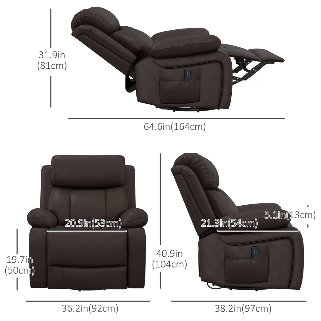 PU Leather Reclining Chair with Vibration Massage Recliner, Swivel Base, Rocking Function, Remote Control, Brown