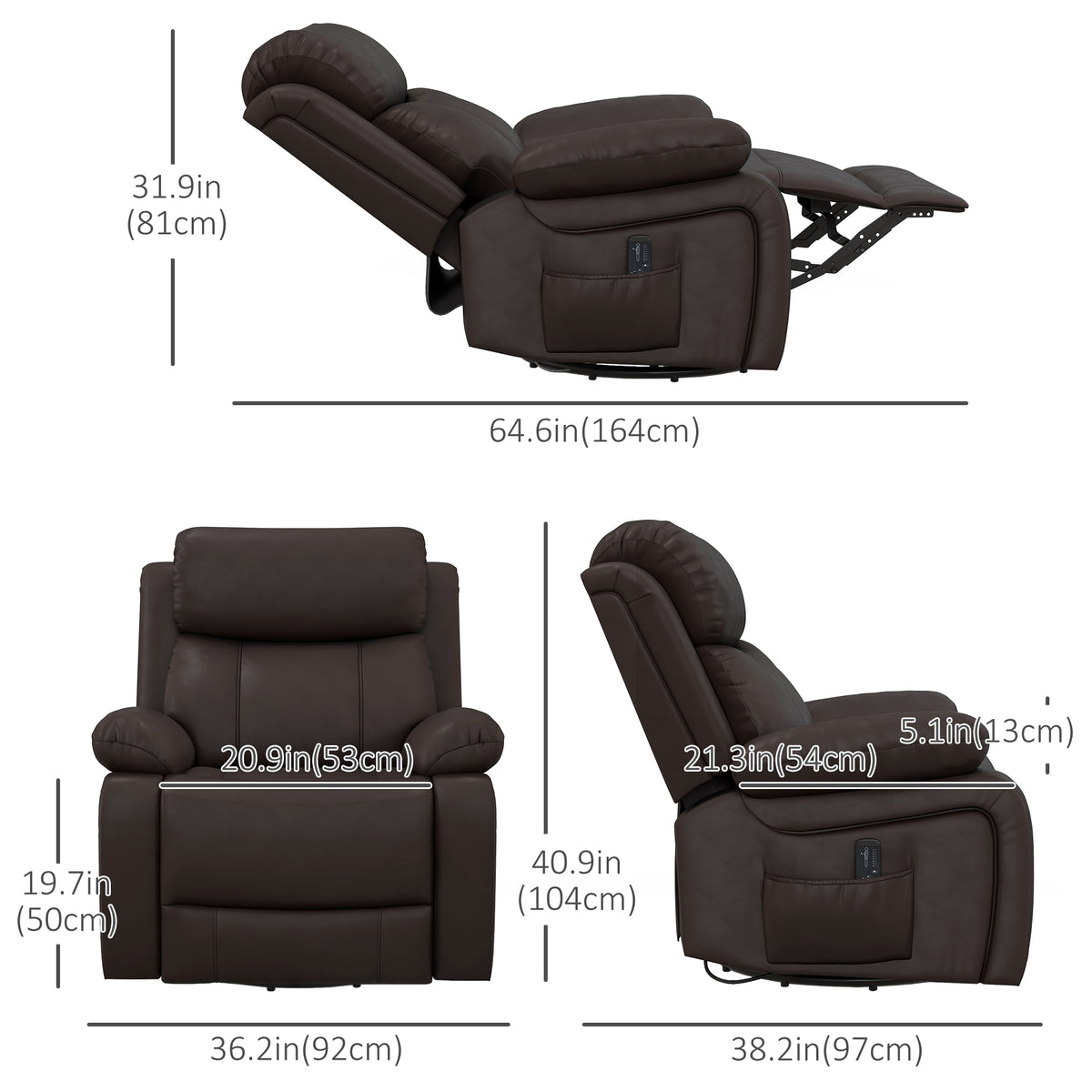 PU Leather Reclining Chair with Vibration Massage Recliner, Swivel Base, Rocking Function, Remote Control, Brown