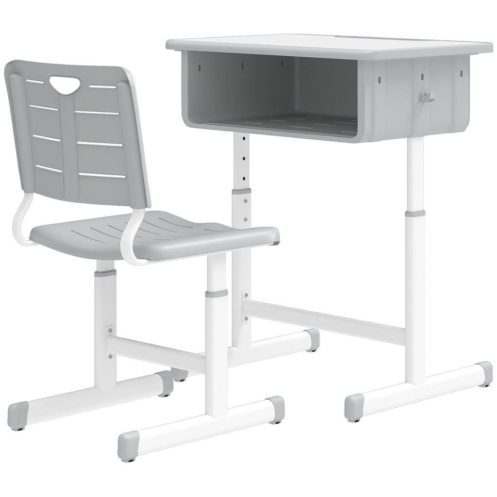Qaba Kids Desk and Chair Set, Height Adjustable Children Study Desk and Chair with Drawer, Study Table for Bedroom, Grey