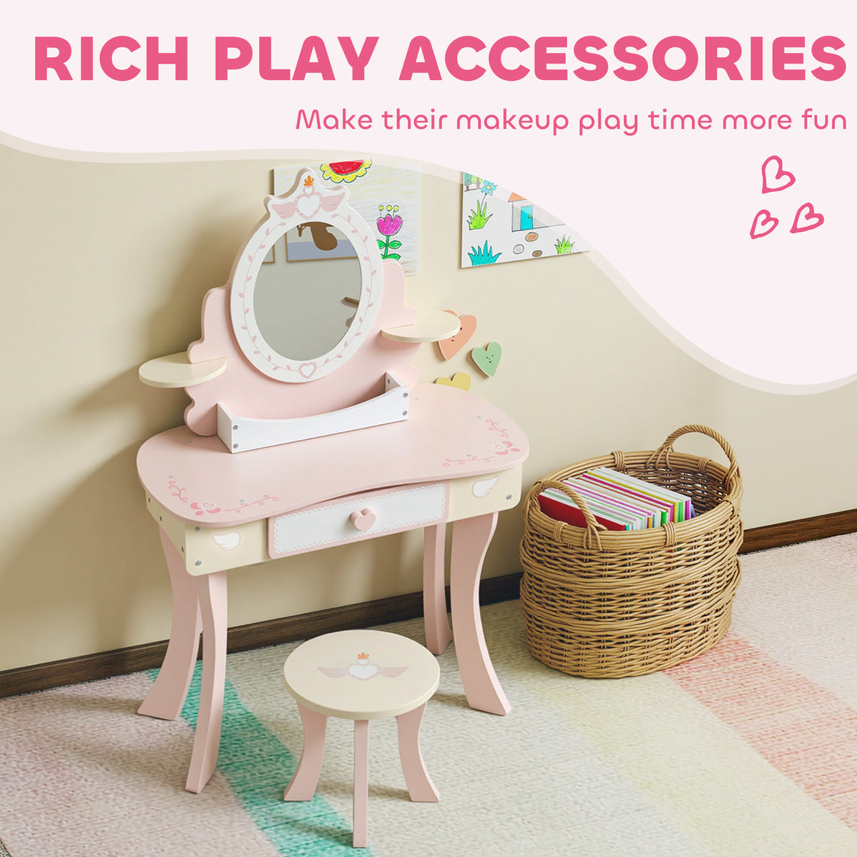 Qaba Kids Vanity Set, Girls Dressing Table with Mirror and Stool, 7 Accessories, Drawers, Desktop Storage, Pink