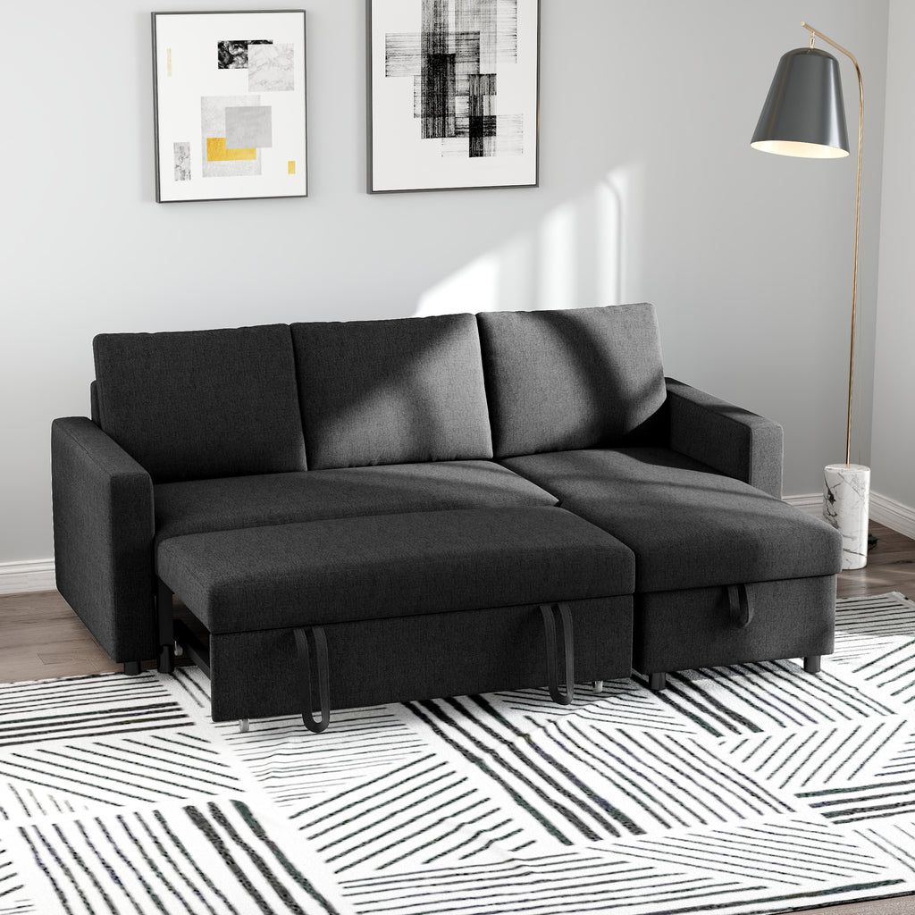 83" Sofa Bed, Pull Out Sleeper L Shaped Sectional Couch with Reversible Storage Chaise, Wide and Deep Seat, Black