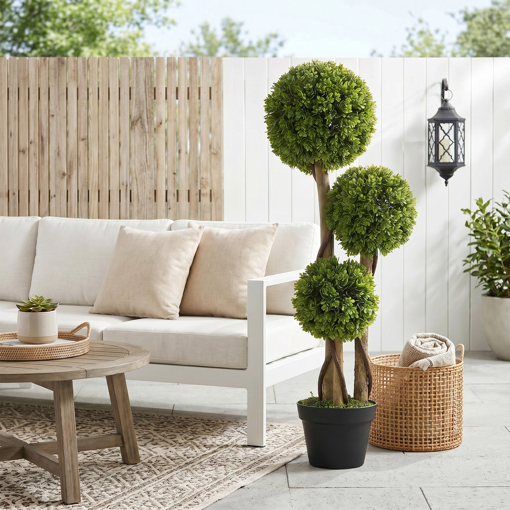 35 Inch Potted Fake Plant, Artificial Boxwood Topiary Tree, Triple Ball Tree for Indoor and Outdoor, Green