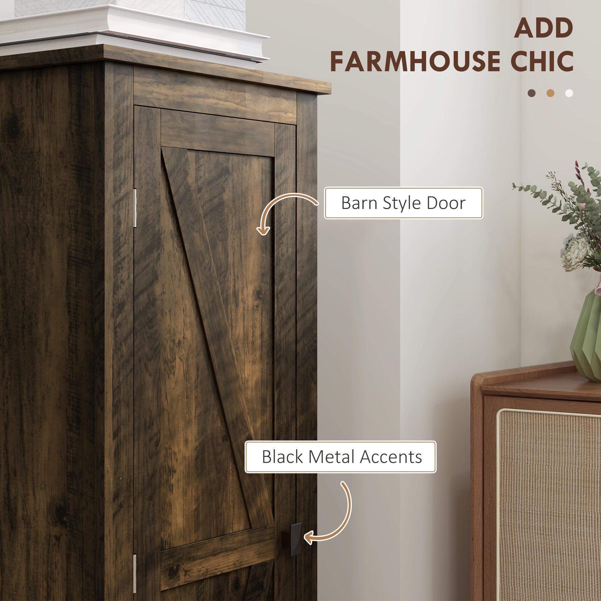 48" Farmhouse Kitchen Pantry Storage Cabinet with Barn Door, Kitchen Pantry Cabinet with Adjustable Shelves, White