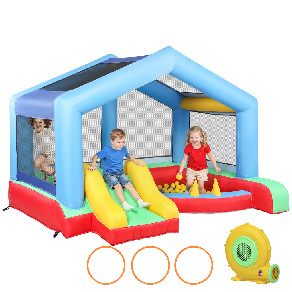 Qaba Bouncy Castle for Kids, Inflatable Bounce House with Slide, Ball Pit, Ring Toss Game, Sunshade and Blower