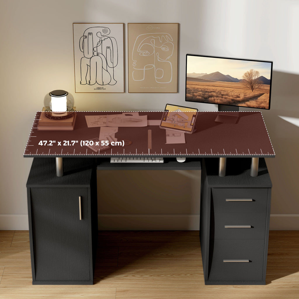 47" Computer Desk with Keyboard Tray and Storage Drawers, Home Office Workstation Table with Storage Shelves, White