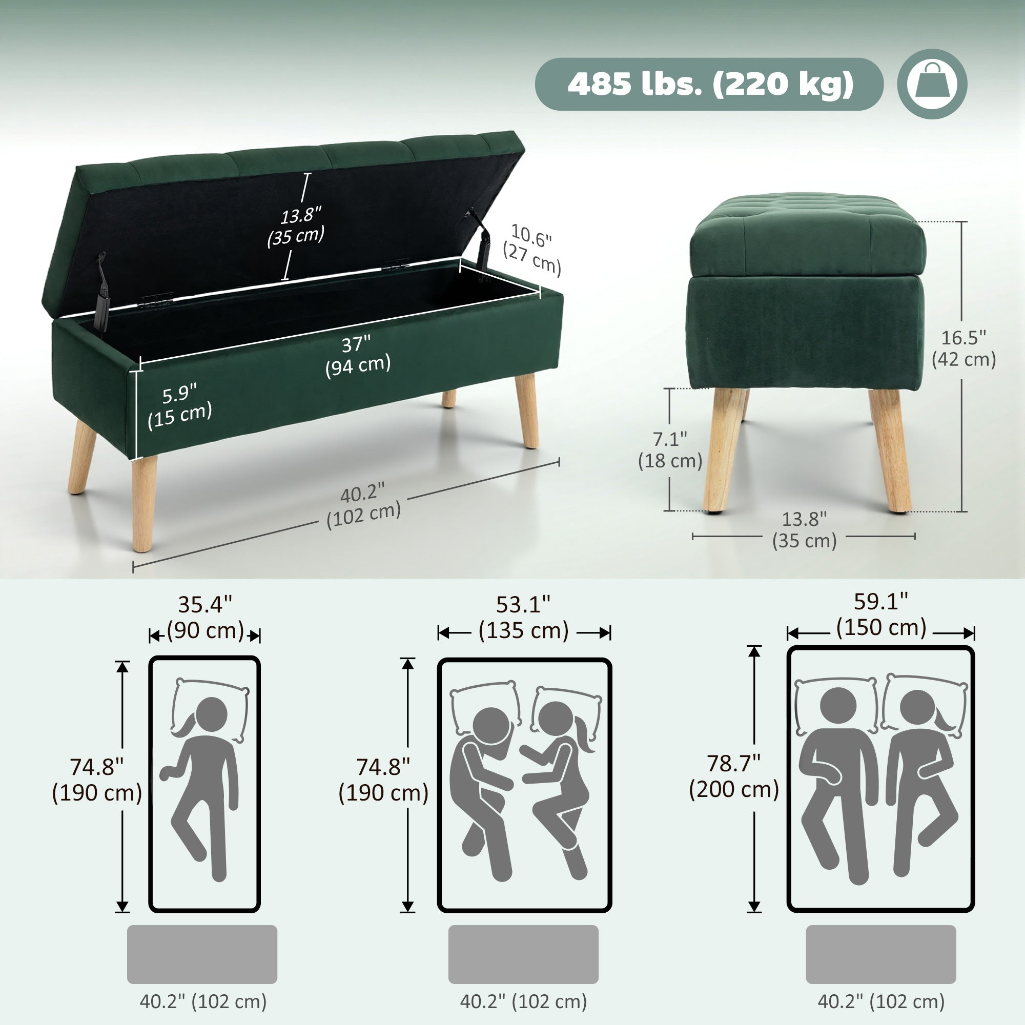 Storage Ottoman with Lid, Velvet Upholstered Storage Bench with Wood Legs for Living Room, Dark Green