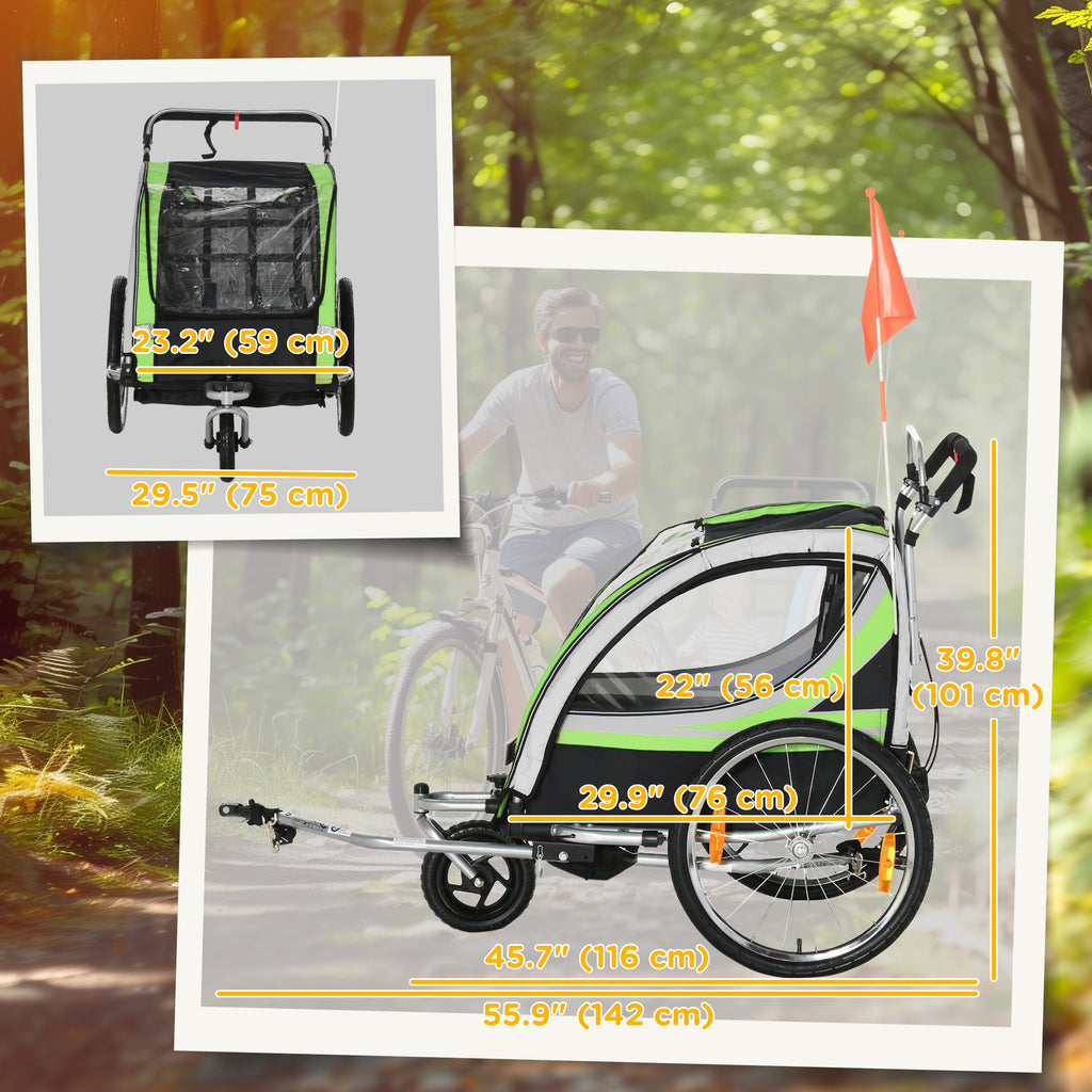 Aosom 2 Seat Bike Trailer for Kids 2-in-1 Double Baby Stroller with Handbrake, Rubber Wheels, 5 Point Harness, Waterproof Cover, Storage Bag, Reflectors, Green