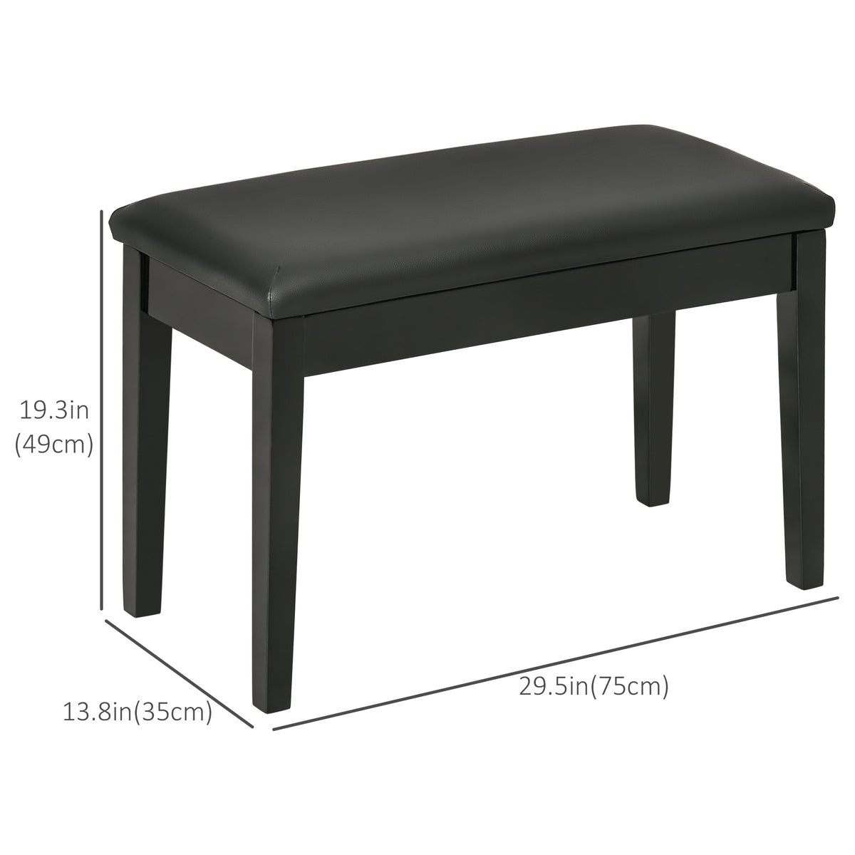 Classic Piano Bench Stool, PU Leather Padded Keyboard Seat with Rubber Wood Legs and Music Storage Compartment, Smooth Seat, Black