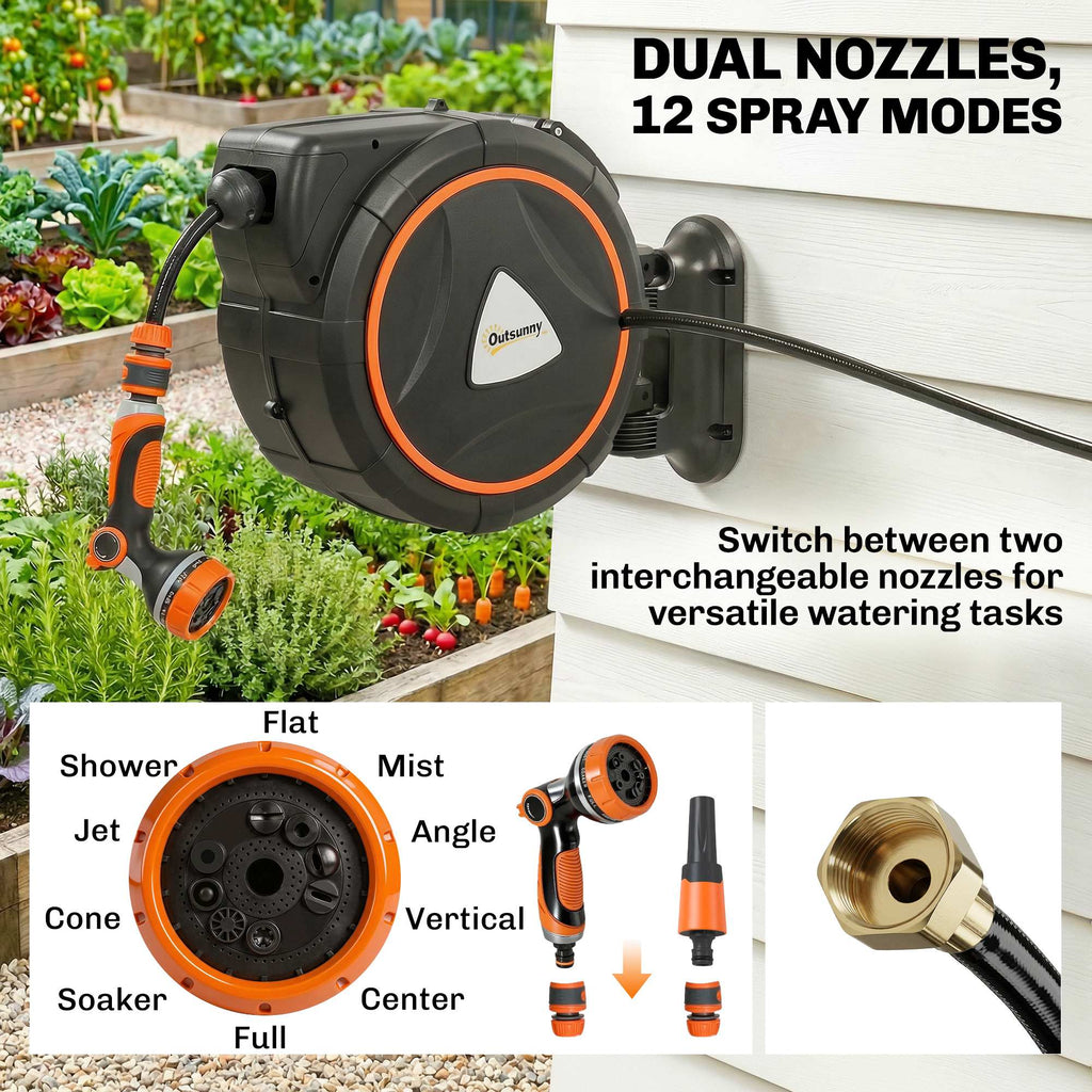 Retractable Garden Hose Reel, 1/2" x 59ft Wall Mounted Hose Reel with 12-Pattern Nozzles, Auto Retraction, Self-Locking