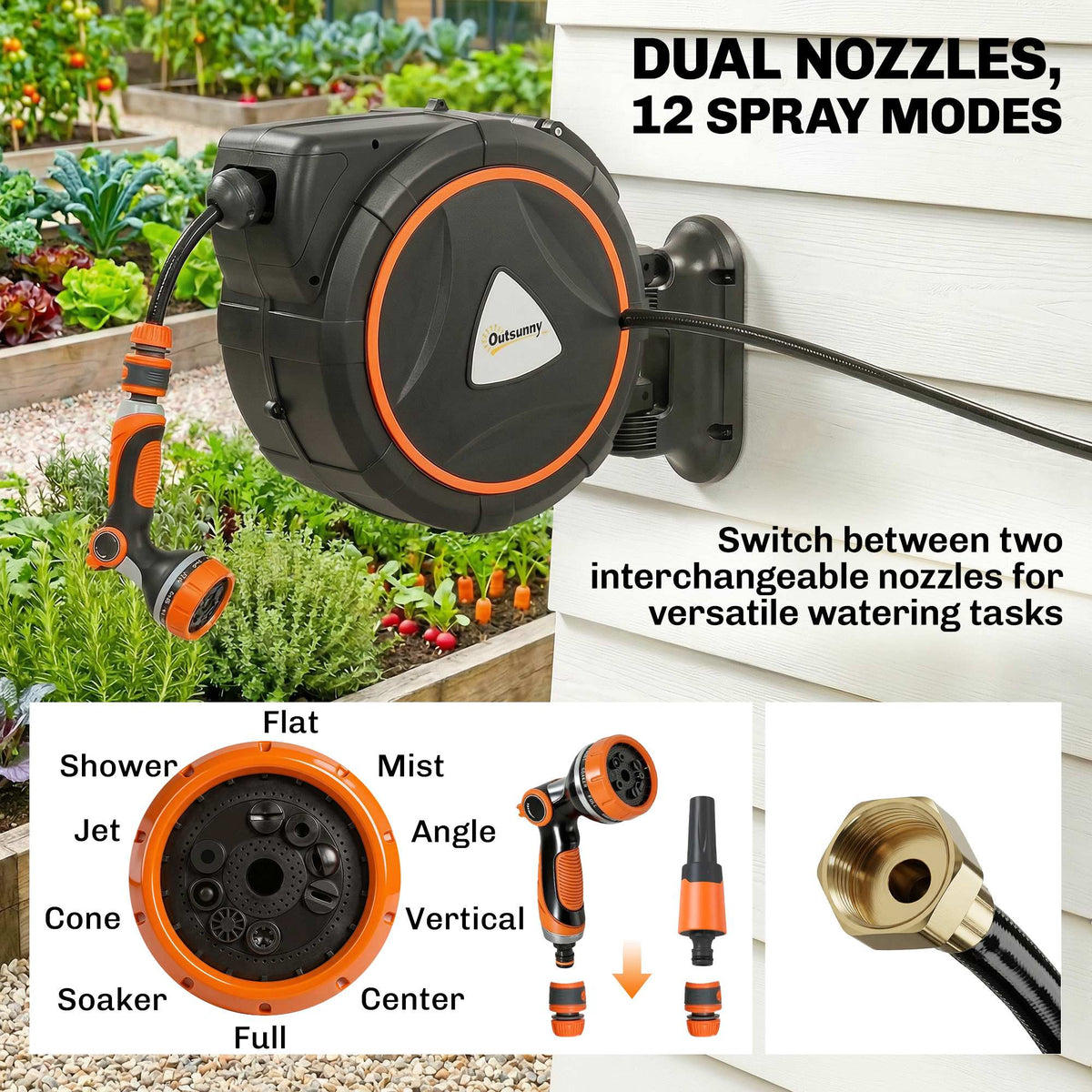 Retractable Garden Hose Reel, 1/2" x 59ft Wall Mounted Hose Reel with 12-Pattern Nozzles, Auto Retraction, Self-Locking