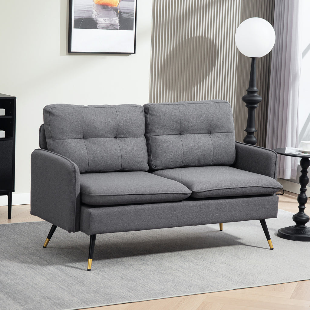 55" Loveseat Sofa, Linen Love Seat w/ S spring, Steel Legs and Button Tufting, Small Couch for Living Room, Dark Blue