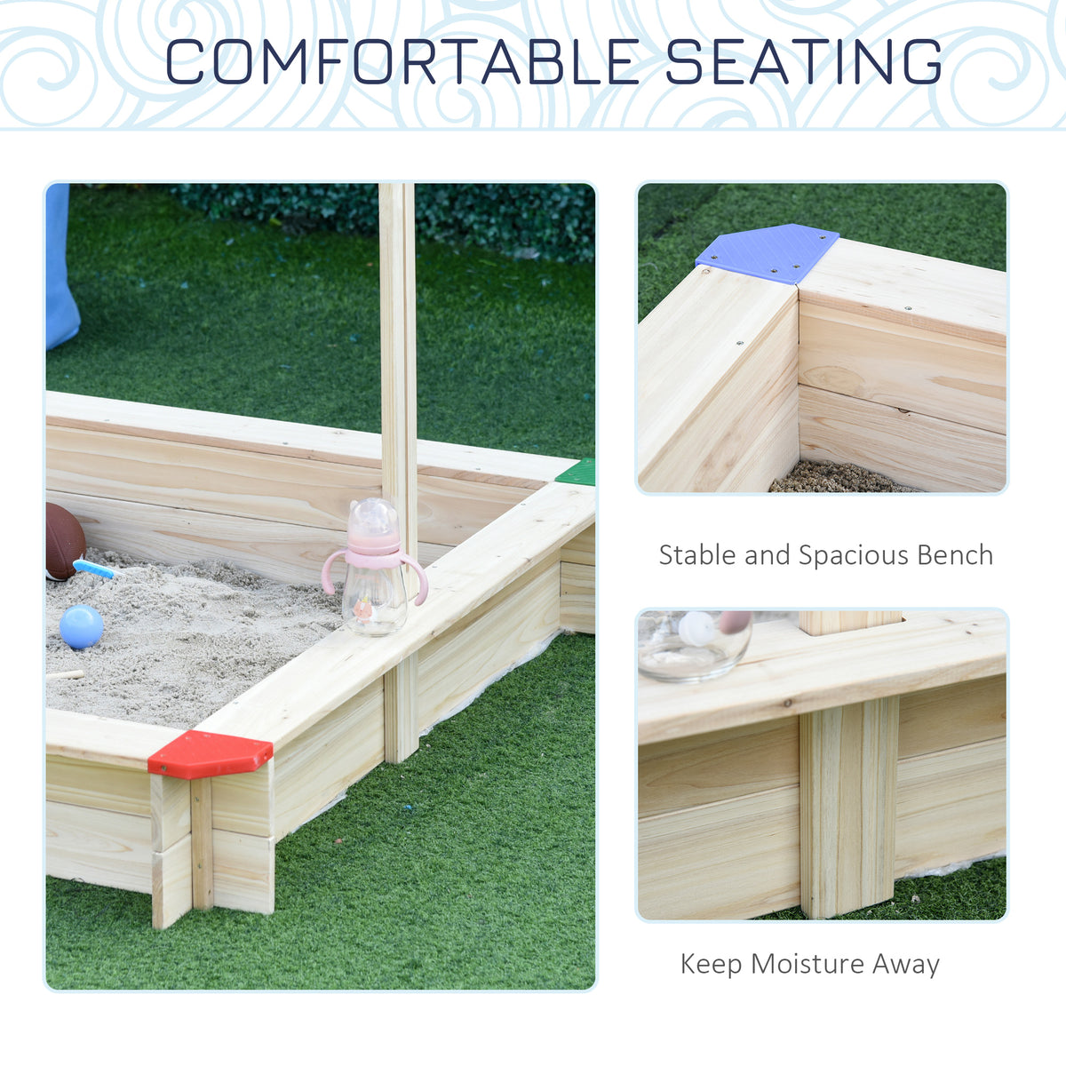Kids Wooden Sandbox with Cover, Play Sand Station for Children Outdoor Sand box, with Seats, for Backyard, Beach, 47" x 47" x 47", Natural