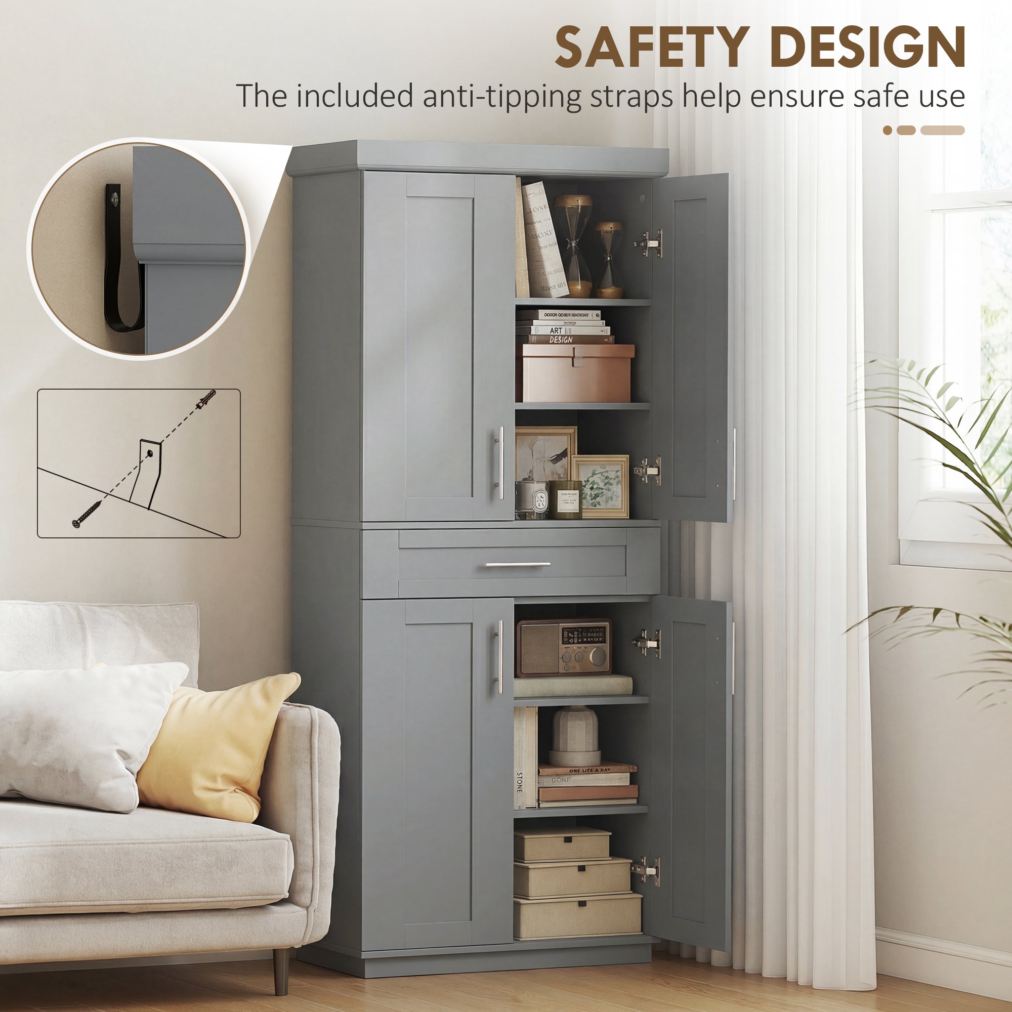 72" Storage Cabinet, Freestanding Kitchen Pantry Cabinet with 4 Doors, Drawer and 3 Adjustable Shelves, White