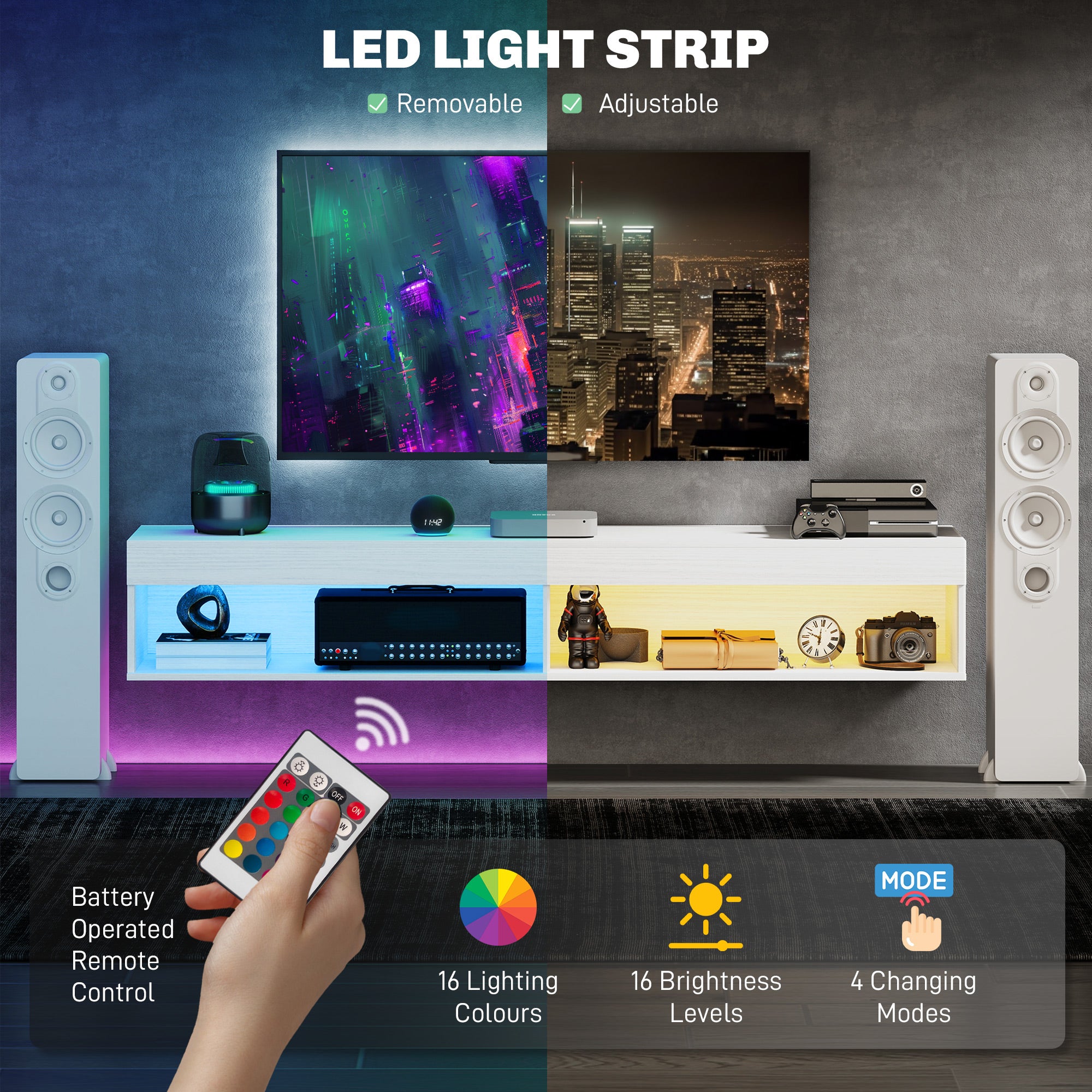 Modern Wall Mounted TV Stand with Storage and LED Lights for TVs up to 75", Floating TV Shelf for Living Room, Black