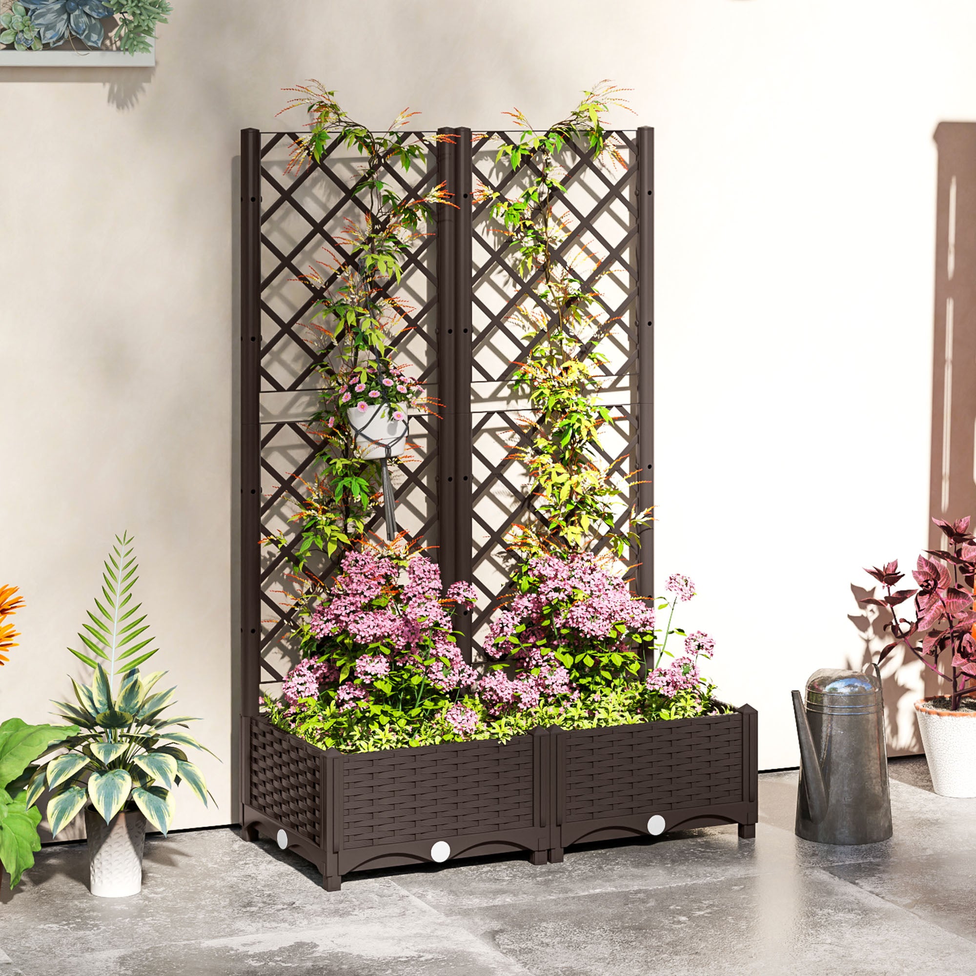 Raised Garden Bed with Trellis, Plastic Raised Flower Bed with Drainage Holes and Drain Plugs, 16" x 16" x 48"