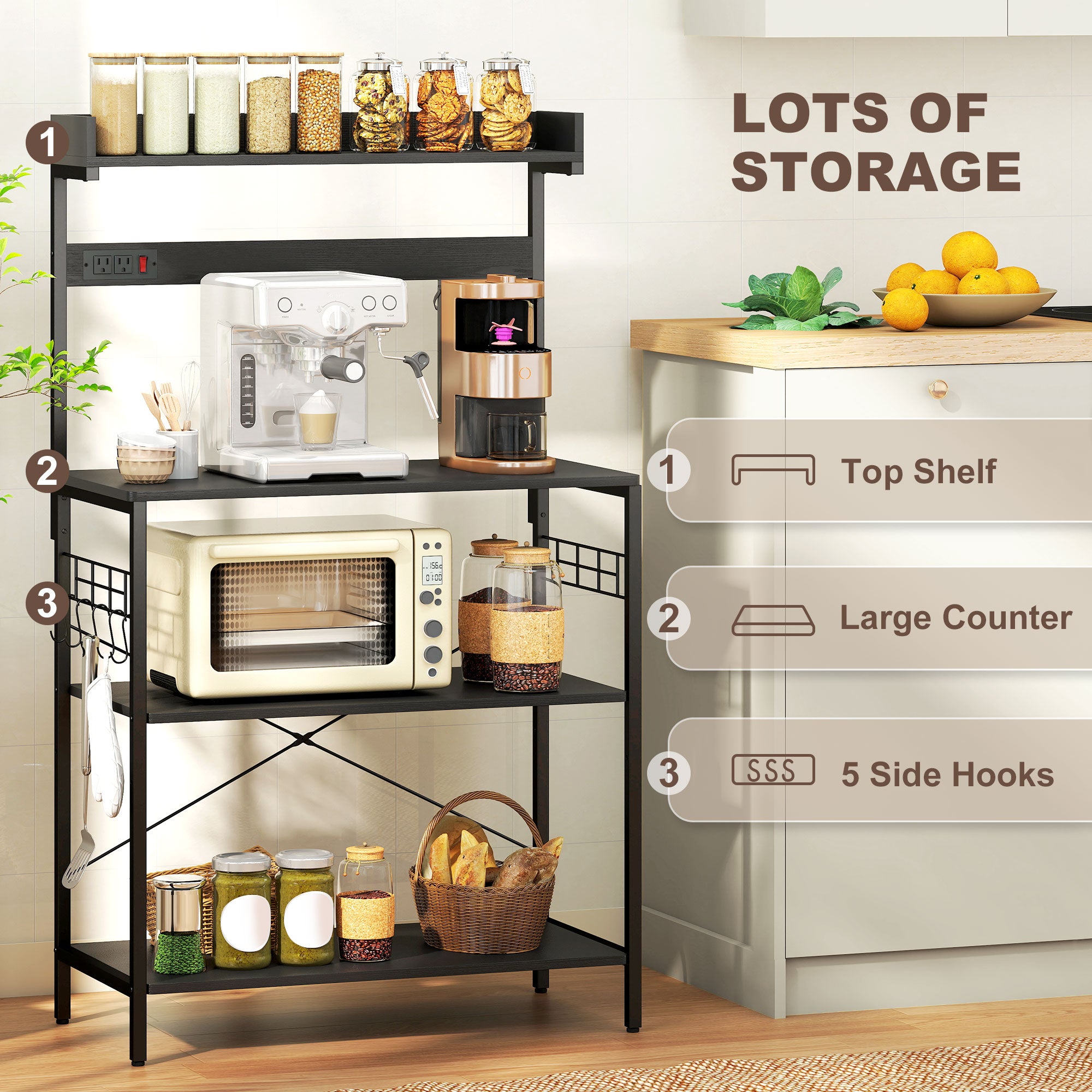 Kitchen Baker's Rack with Power Outlet, Coffee Bar Station with Adjustable Shelves and Hooks, Rustic Brown