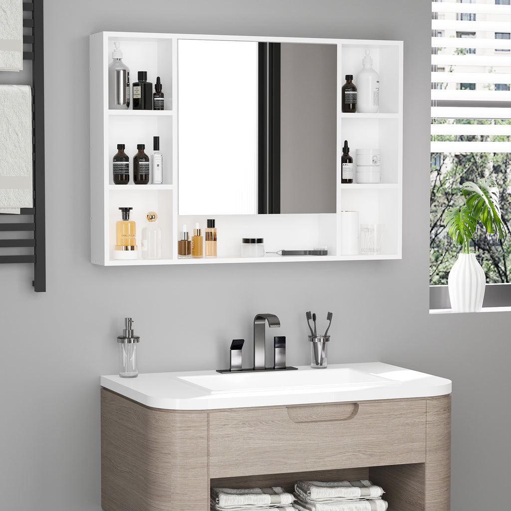 Wall Mounted Medicine Cabinet, 39.25"W x 27.5"H Bathroom Mirror Cabinet with Single Mirrored Door, Shelves and Storage Cupboard, White
