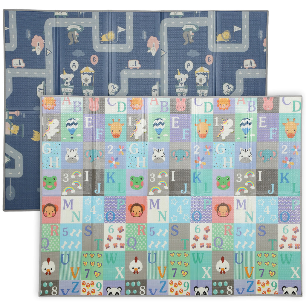 Qaba Foldable Baby Plat Mat, 79" x 59" Kids Floor Mat for Crawling and Learning, Alphabet & Track Theme