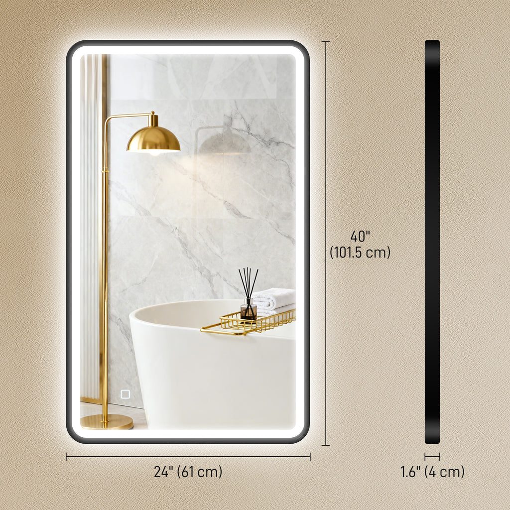 40" x 24" Bath Mirror with LED Lights, Wall Mounted Restroom Mirror, 3 Colours, Dimmable, Horizontal/Vertical, Black