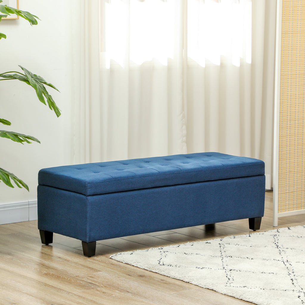 Rectangular Entry Bench, Tufted Upholstered Linen Fabric Wood Feet Storage Ottoman Bench, Grey