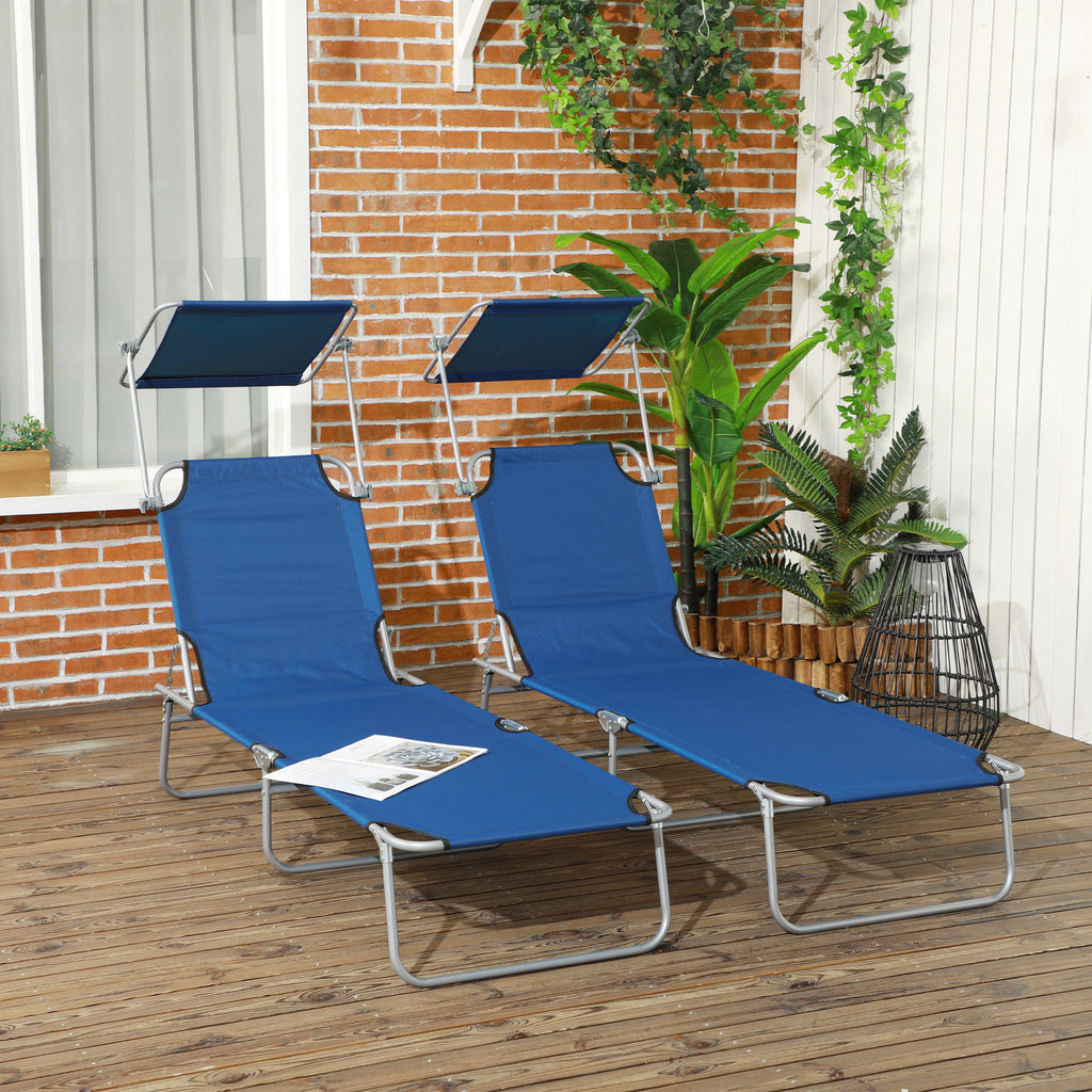 2Pcs Outdoor Lounge Chair, Adjustable Folding Chaise Lounge with Sun Shade for Beach, Camping, Hiking, Grey